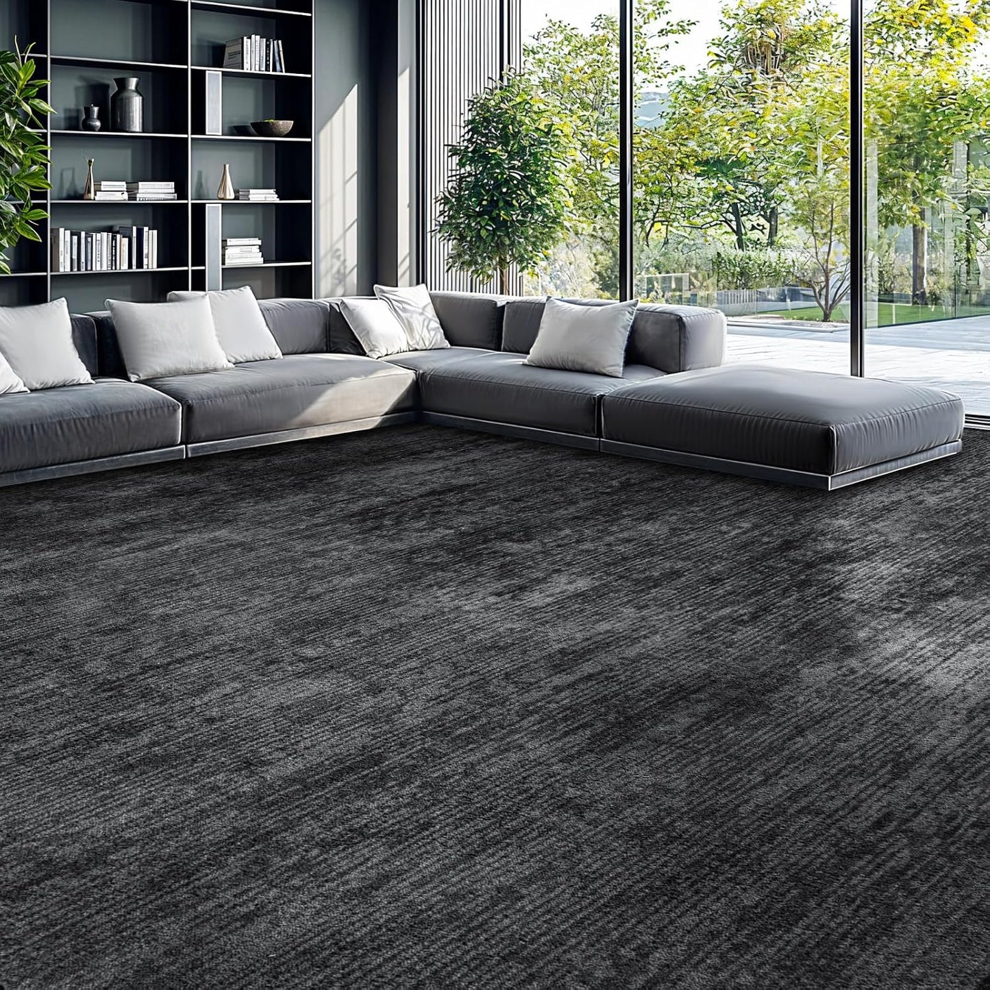 8x10 Washable Area Rug, Black Solid Area Rugs for Living Room & Bedroom | Stain-resistant & Non-slip backing,Low Pile Washable Large Carpet, Solid Vintage Style For High Traffic Areas(8x10,Black)