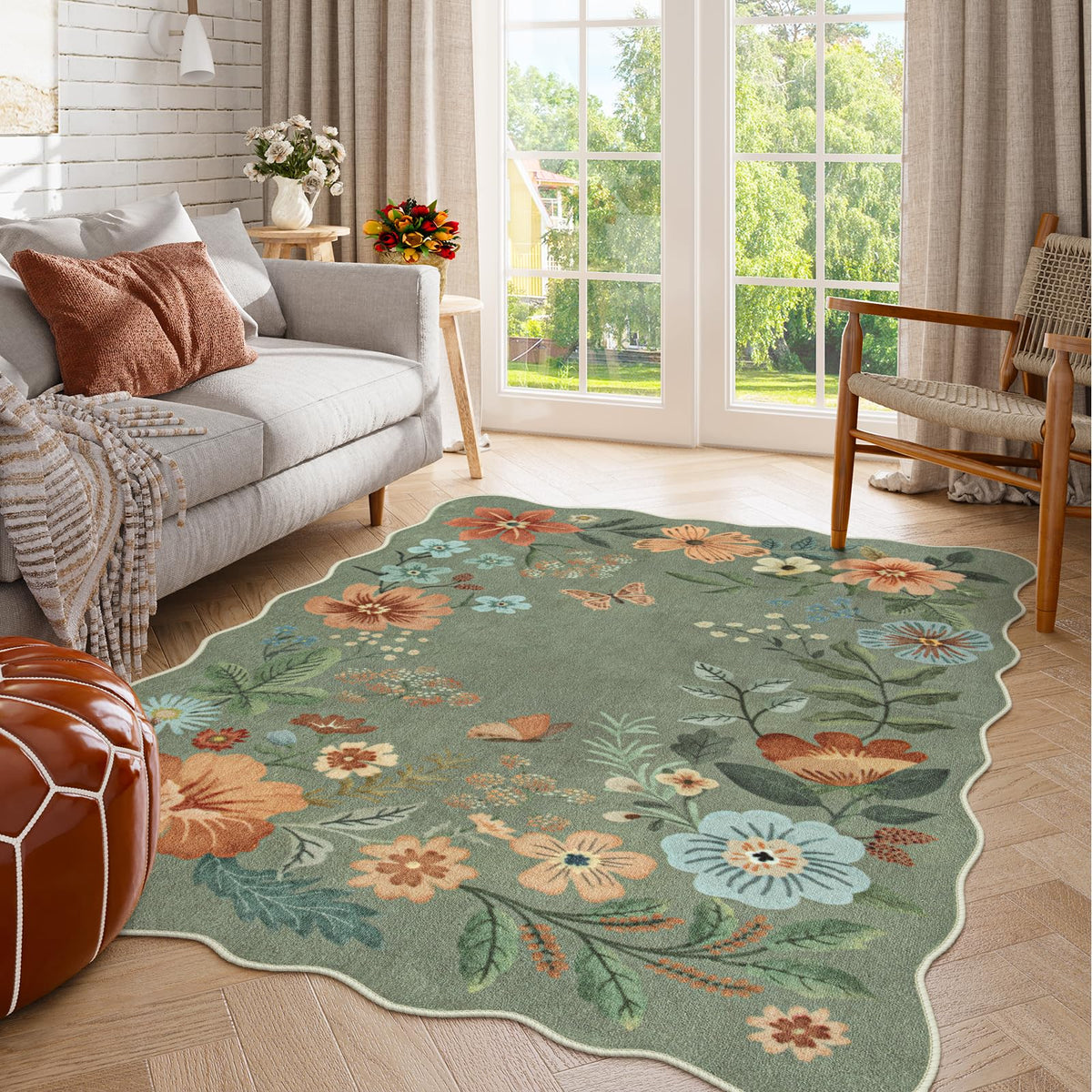 Lahome Floral Rugs for Living Room, 5x7 Area Rugs Ultra-Thin Soft Washable Rug, Non-Slip Bedroom Rug Stain Resistant Boho Flore Carpet for ‎Dining Room Office (5x7ft,Black/Grey)