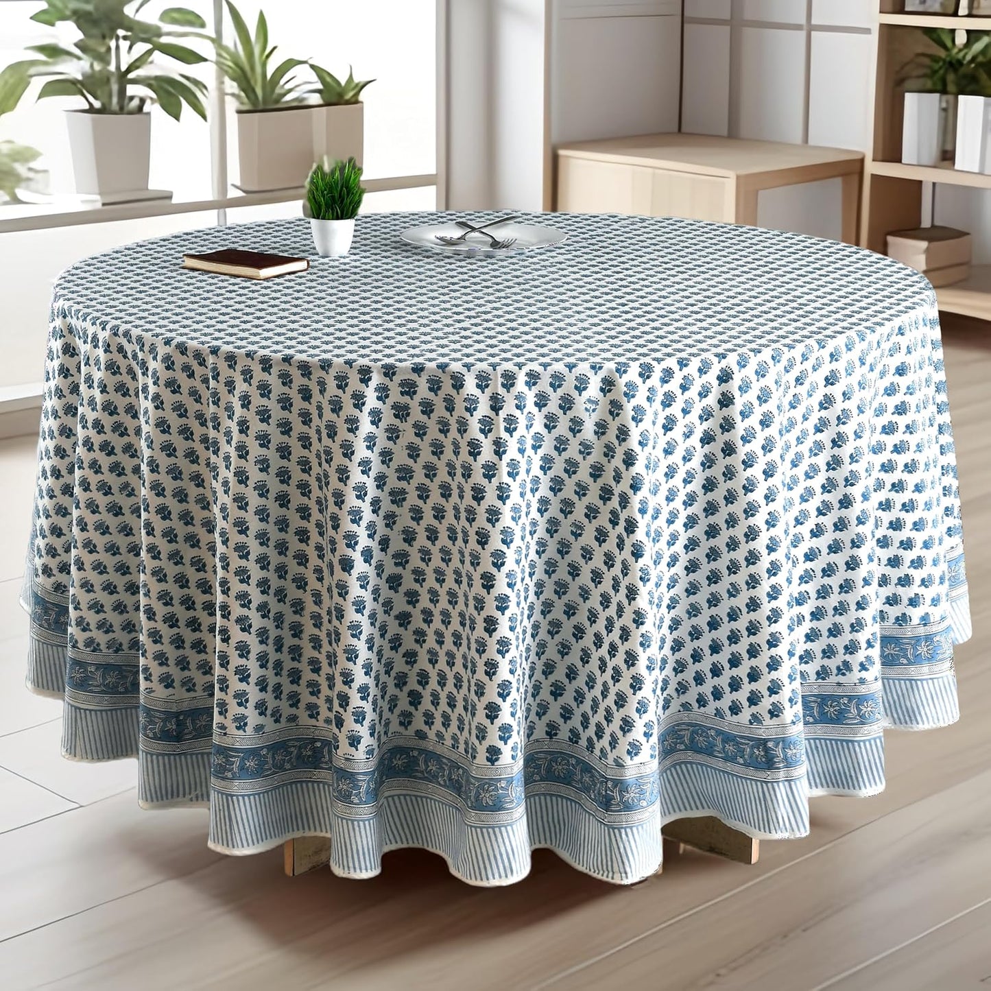 CPC Apatite Blue Block Print Cotton Handmade Round Tablecloth 110 Inch Decorative Table Cover for Home Decor, Dinning, Festive, Wedding, Farmhouse Gift for Spring, Mother's Day