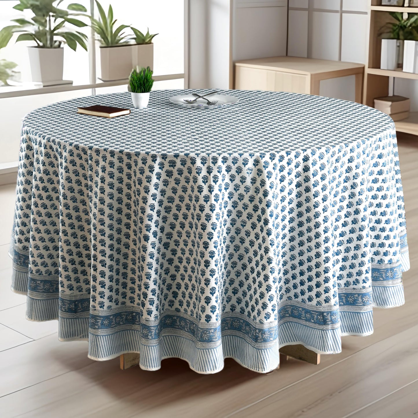 CPC Apatite Blue Block Print Cotton Handmade Round Tablecloth 110 Inch Decorative Table Cover for Home Decor, Dinning, Festive, Wedding, Farmhouse Gift for Spring, Mother's Day