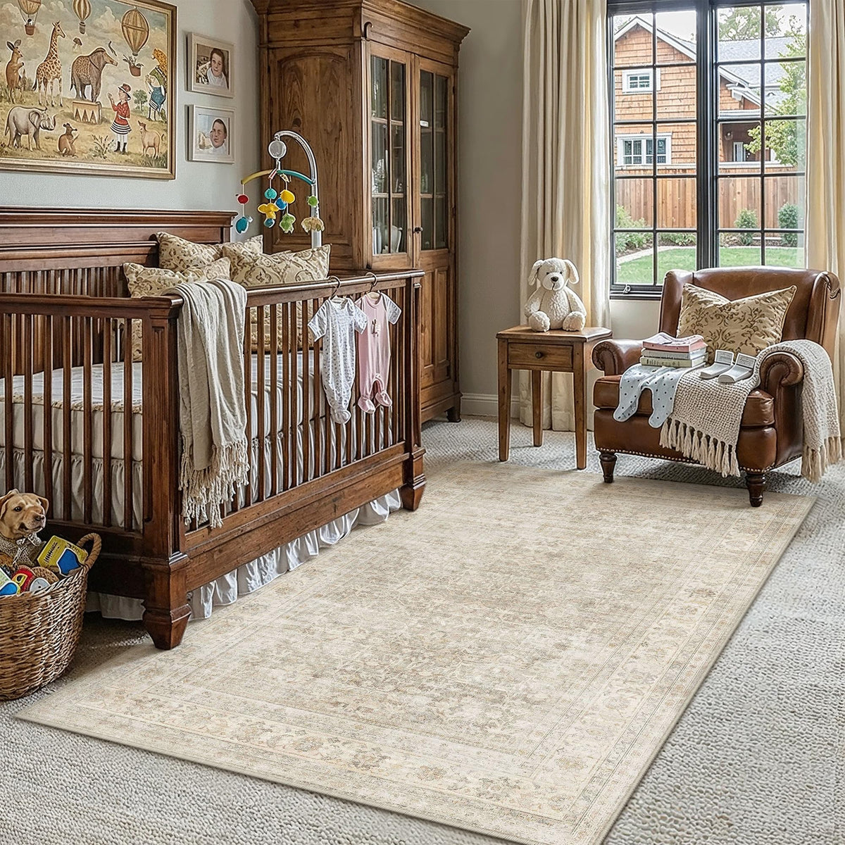 8x10 Area Rug Brown Vintage Distressed Carpet | Washable, Non Slip, Soft Low Pile, Indoor Retro Rugs for Large Living Room, Dining Room, Bedroom
