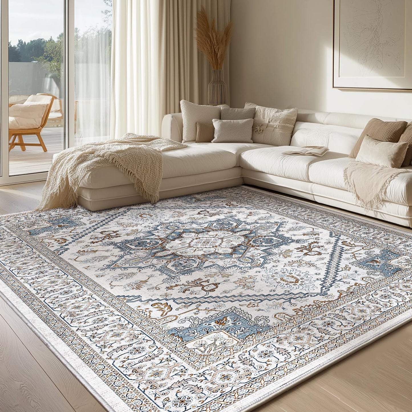 OPPODREAM Soft Area Rugs 5x7, Persian-Inspired Washable Rug, Blue & Gold | Low-Pile Faux Cashmere Surface, TPR Non-Slip Backing, 5 x 7 Carpet for Bedroom, Office, Dorm, Dining Room