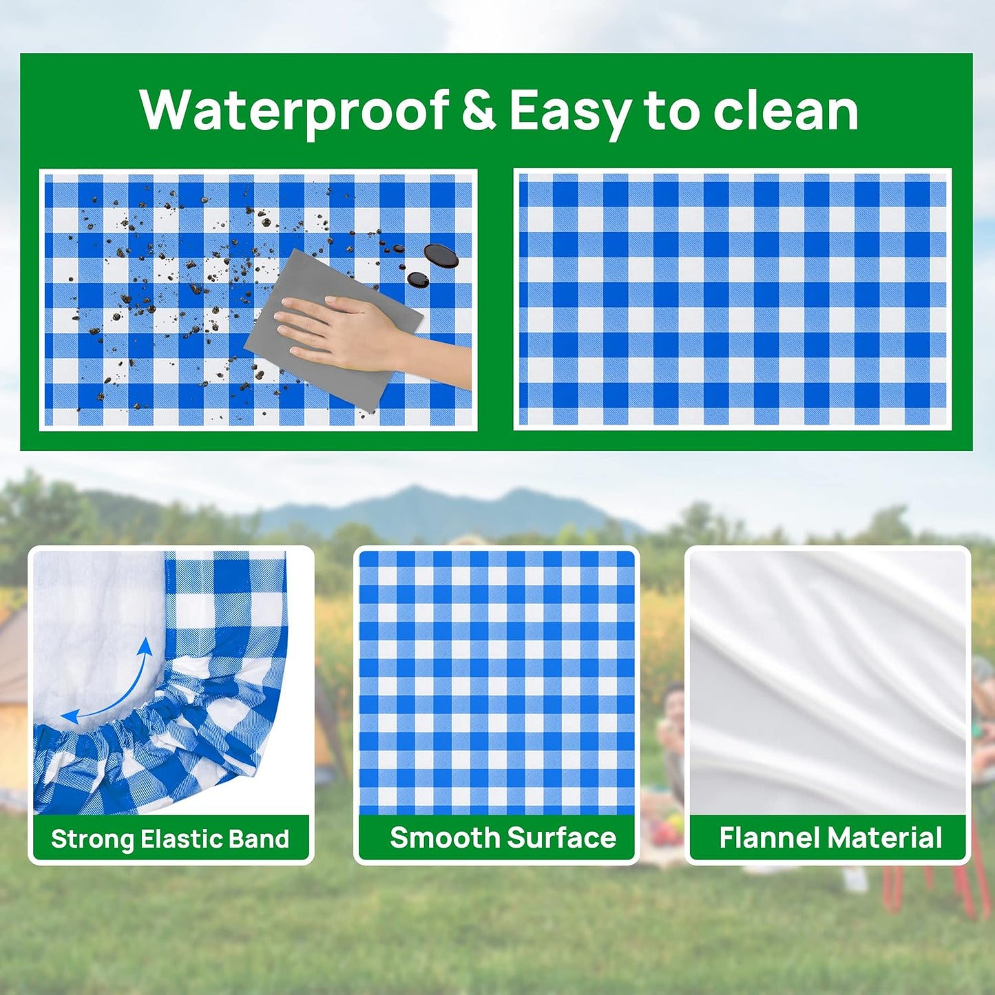 Vinyl Fitted Picnic Table Cover with Bench Covers & Blue 6ft Blue Checkered | Vinyl Fitted Picnic Table Cover with Bench Covers and Bag, Outdoor Waterproof Windproof Picnic Tablecloth with Elastic Edges.
