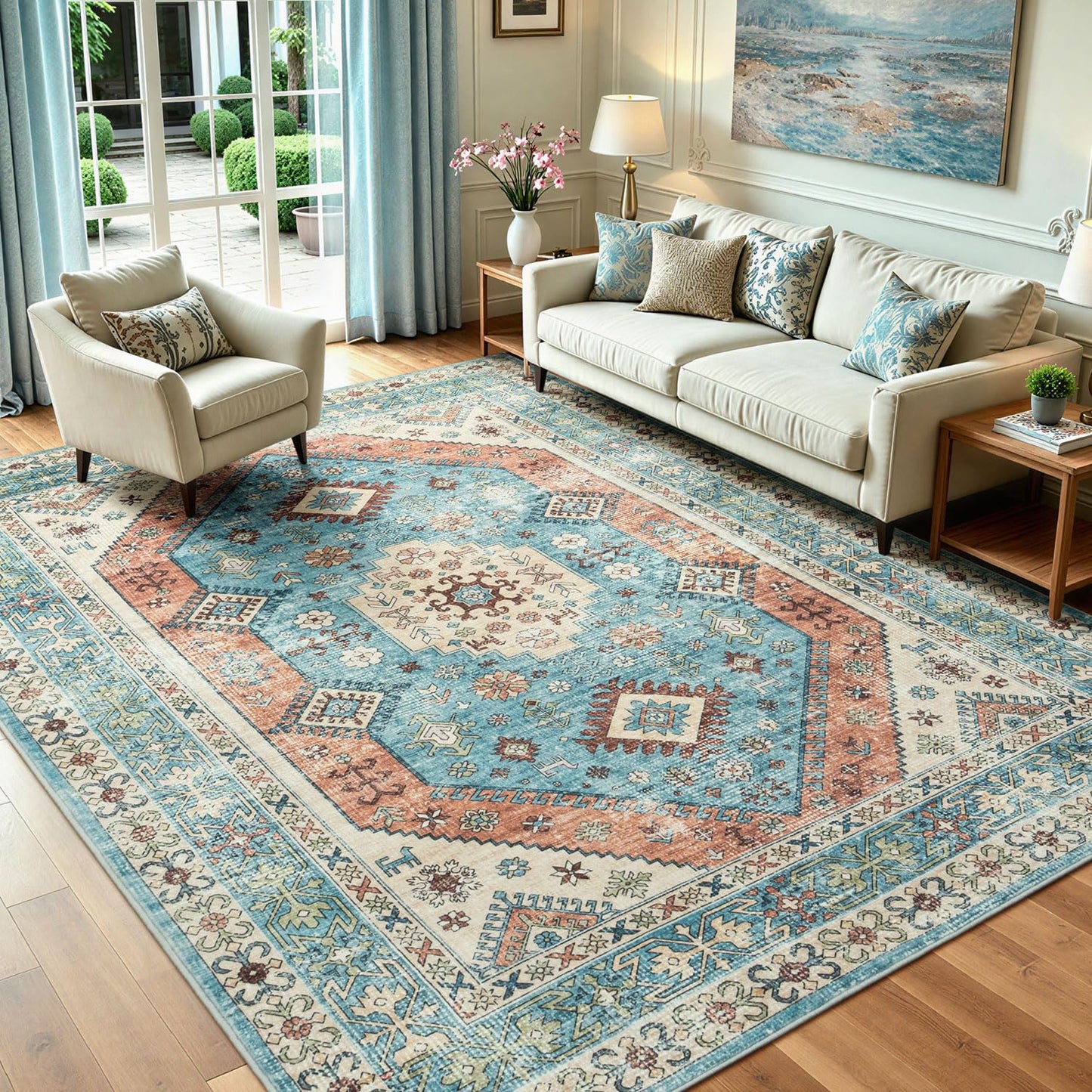 Lofus 5x7 Area Rugs for Living Room Bedroom, Soft Boho Carpet Floral Brown | High-Power Vacuuming, Non-Slip, Low Pile, Stain & Water Repellent, Soft, Skin-Friendly, for Kitchen Entryway Office