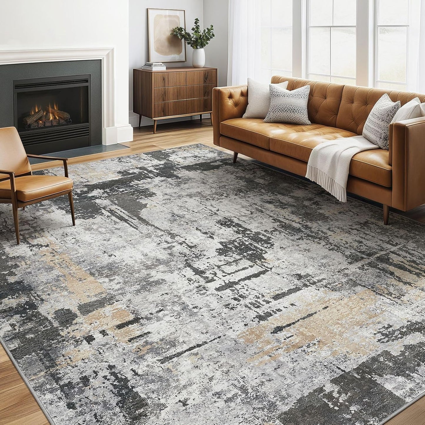 LOONGRUG Area Rug 5x7 Washable Neutral Modern Abstract Living Room Rugs | Soft Stain Resistant Non-Slip Indoor Carpet for Bedroom Nursery Playroom Dining Room Office Dorm Home