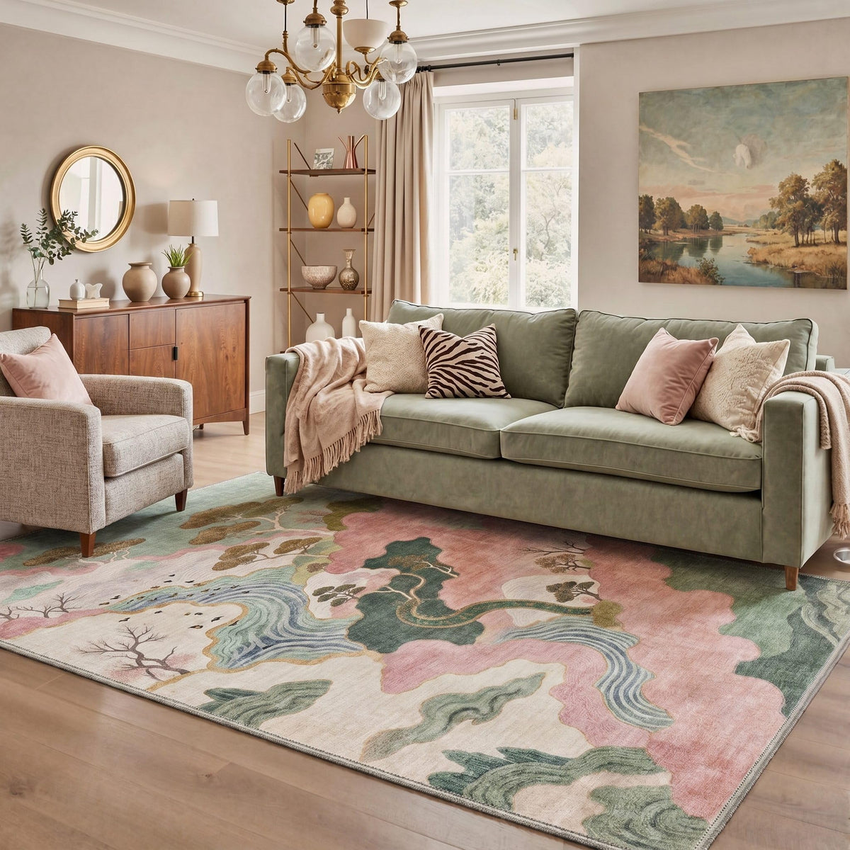 BEIMO 5x7 Green Abstract Area Rug, Washable Non-Slip for Bedroom | Soft Low-Pile Carpet, Lightweight and Easy to Vacuum, Sage Living Rooms, Dining Rooms, Bedrooms, and Home Offices