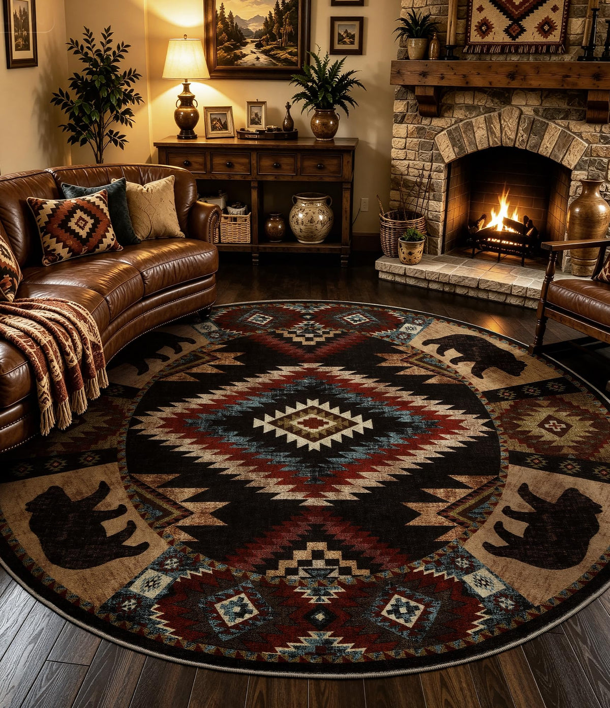 Rustic Cabin Area Rug 5x7,Machine Washable Lodge Bear Rug,Non-Slip Low Pile Print Pattern Southwestern Rug for Living Room Bedroom