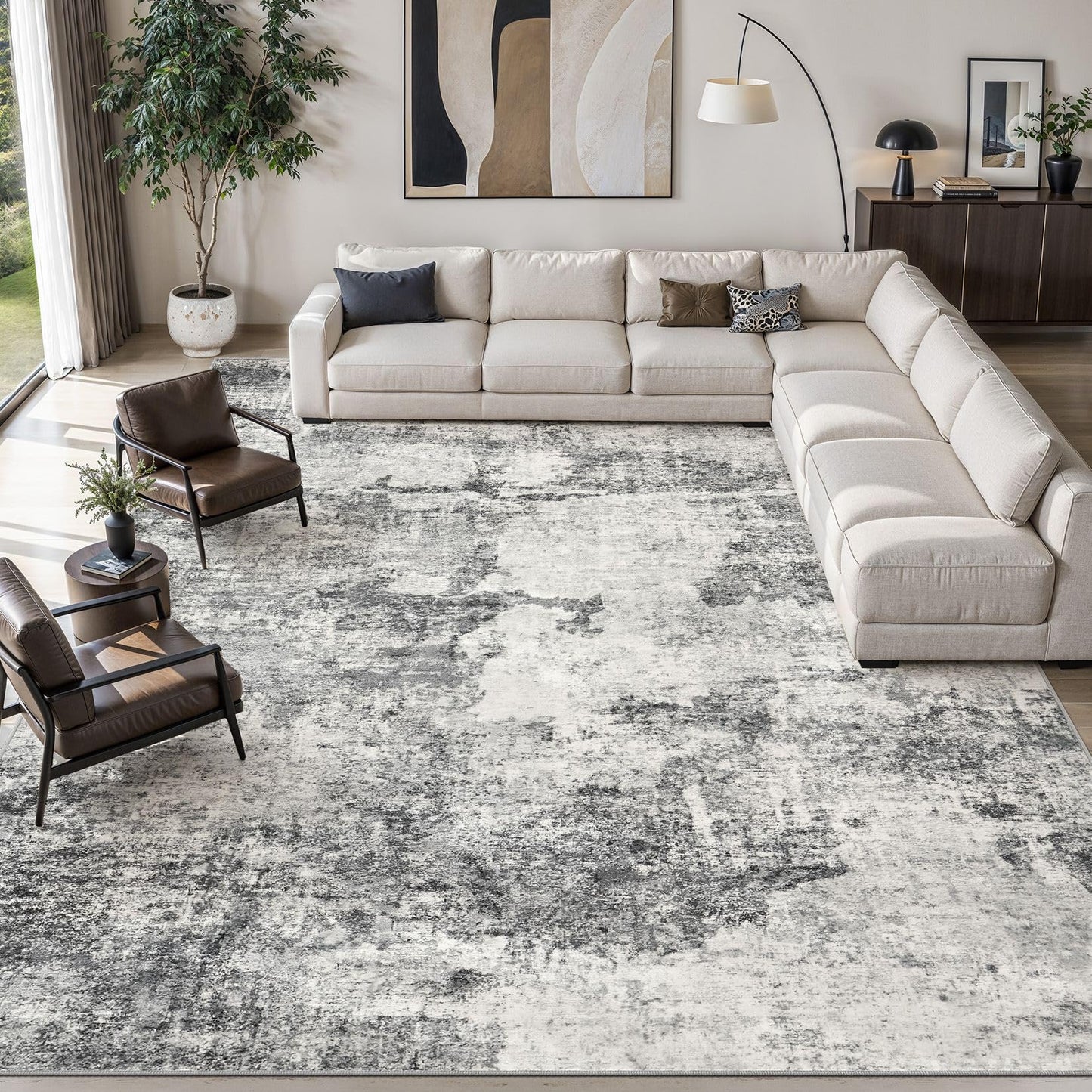 DMOYEST 8x10 Area Rug for Living Room Washable Abstract Indoor Carpet | Neutral Modern Low Pile Rugs Kid & Pet Friendly Large Soft Thin Carpet for Bedroom Dining Room - Grey Blue
