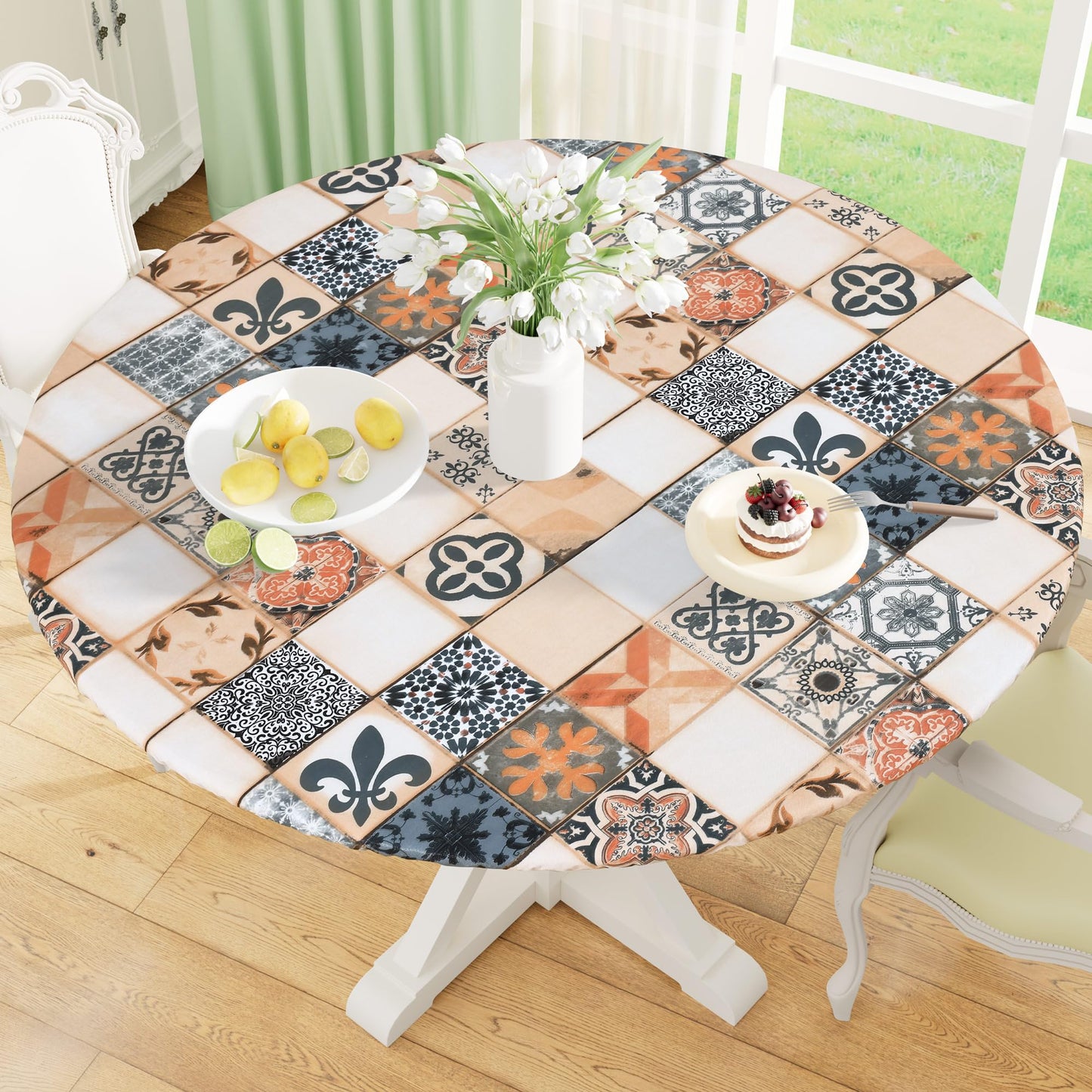 Round Fitted Tablecloth with Elastic Edge, 100% Waterproof Oil Proof Plastic Table Cover, Vinyl Flannel Backed Tablecloth Fits 36"-44" Round Tables for Dinner, Outdoor, Picnic, Oak Wooden Grain