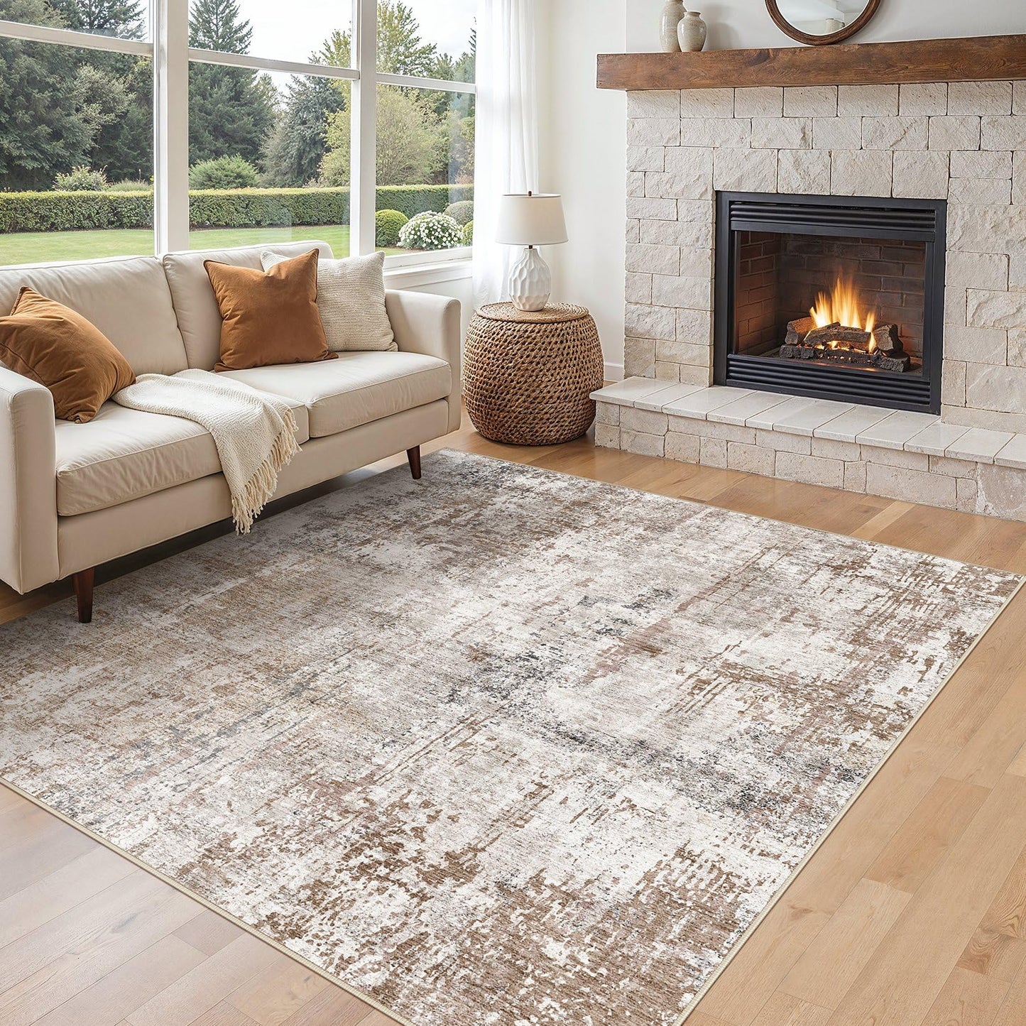 UERMEI 9x12 Area Rug Living Room Rugs - Washable Neutral Modern Abstract Soft Thin Large Rug Indoor Floor No Slip Rug Carpet for Bedroom Under Dining Table Home Office Decor - Brown Grey