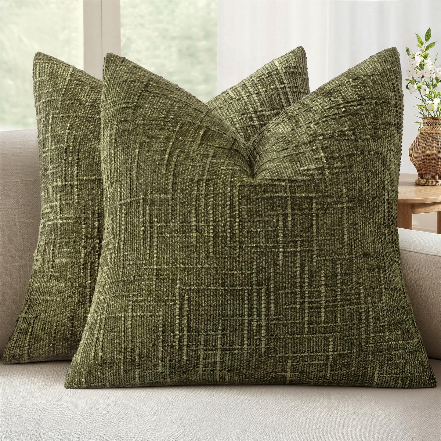 MIULEE Chenille Textured Throw Pillow Covers Cream White 18x18 Set of 2 | Slubby Decorative Pillows, Boho Farmhouse Home Decor, Modern Neutral Cushion Covers for Couch Sofa Bed Living Room