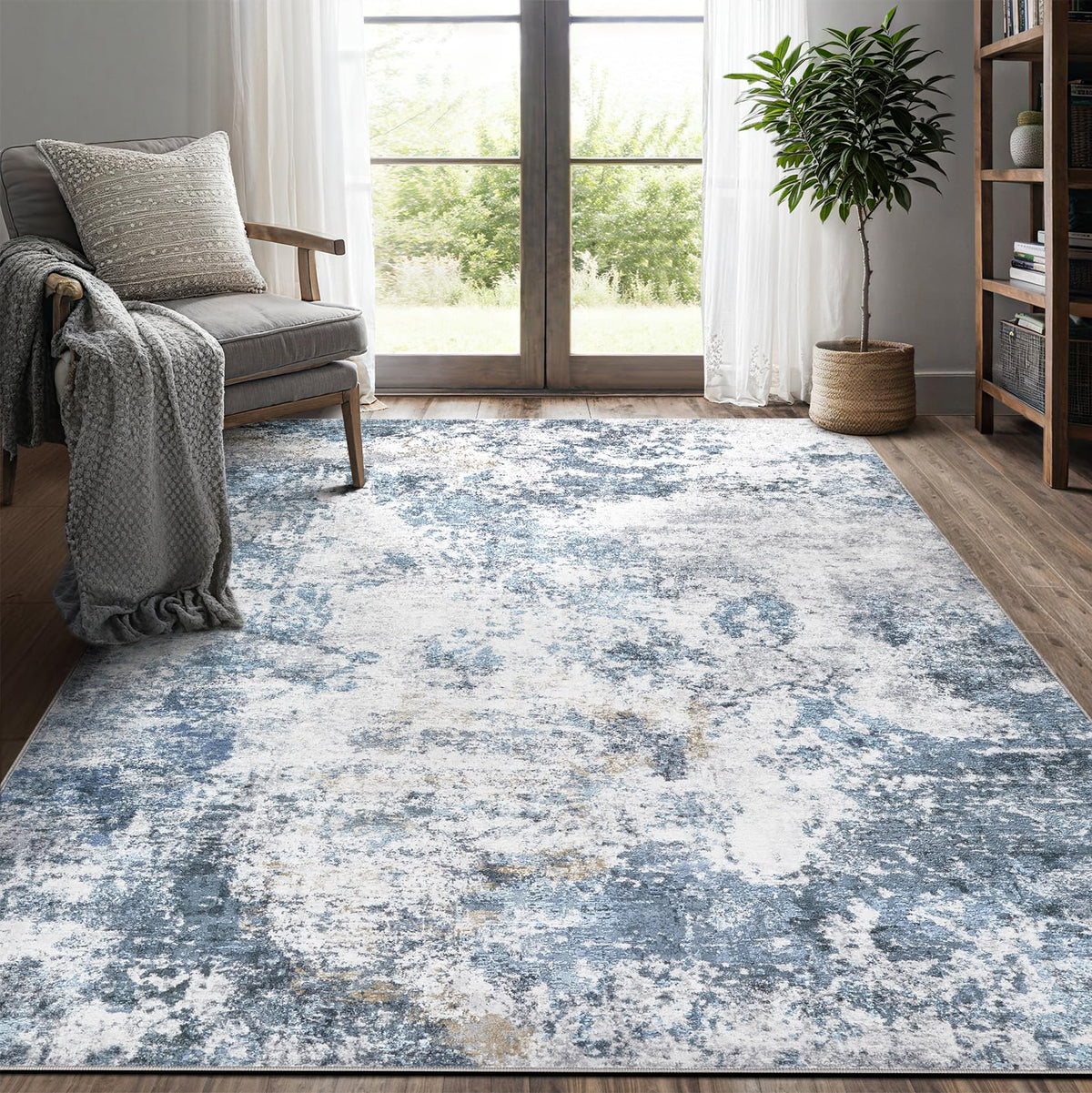 DMOYEST 8x10 Area Rug for Living Room Washable Abstract Indoor Carpet | Neutral Modern Low Pile Rugs Kid & Pet Friendly Large Soft Thin Carpet for Bedroom Dining Room - Grey Blue