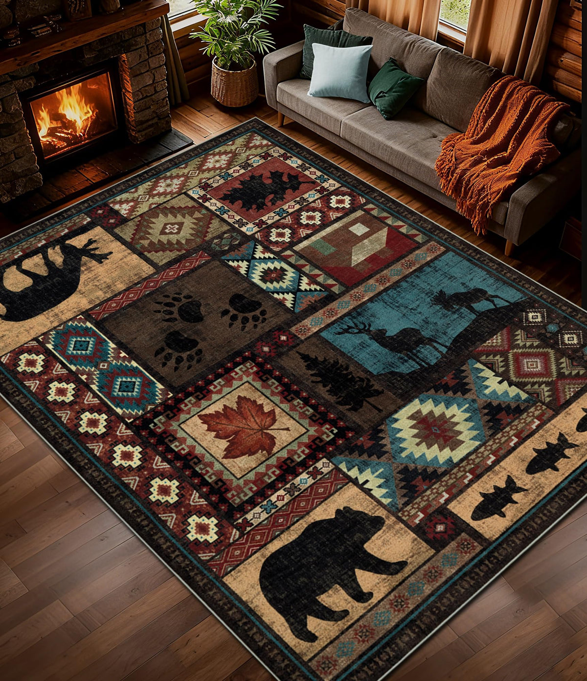 Rustic Cabin Area Rug 5x7,Machine Washable Lodge Bear Rug,Non-Slip Low Pile Print Pattern Southwestern Rug for Living Room Bedroom