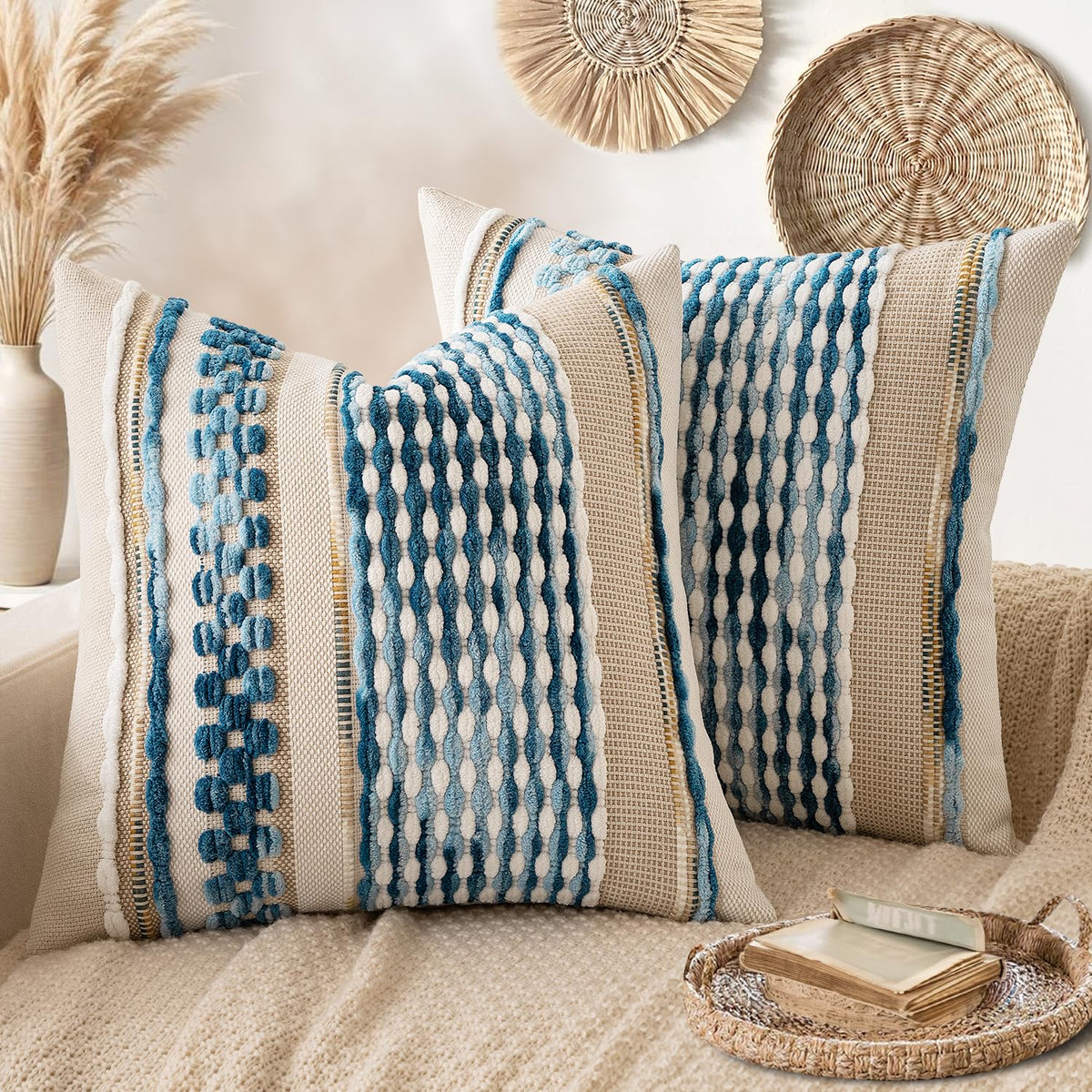 ANRODUO Boho Decorative Pillow Covers Olive Green Stripe 18x18 Pack of 2 | Throw Pillow Covers, Farmhouse Cushion Case, Chenille Pillow Cases, Pillow Covers, Accent Neutral Pillowcase for Couch Bed