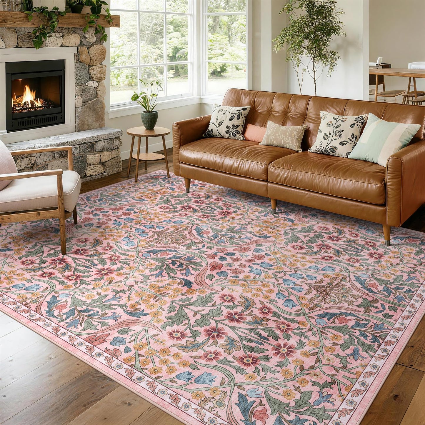 5x7 Washable Area Rug Green Boho Floral for Living Room Bedroom Nursery | Carpet for Dining Room, Soft Low-Pile Non-Slip Faux Wool, Farmhouse Indoor, Kid & Pet Friendly, Stain, Fade & Wear Resistant