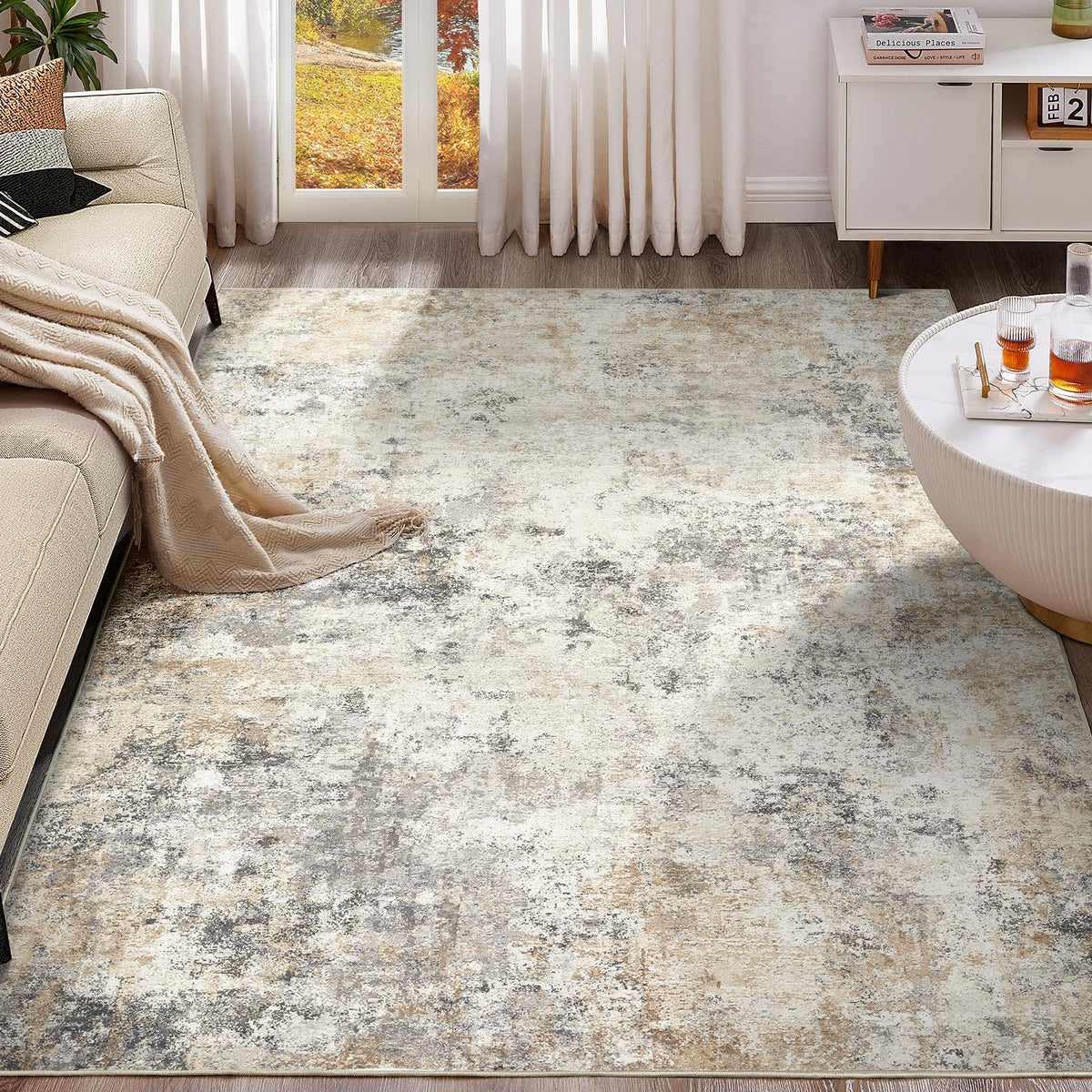 UERMEI 9x12 Area Rug Living Room Rugs - Washable Neutral Modern Abstract Soft Thin Large Rug Indoor Floor No Slip Rug Carpet for Bedroom Under Dining Table Home Office Decor - Brown Grey