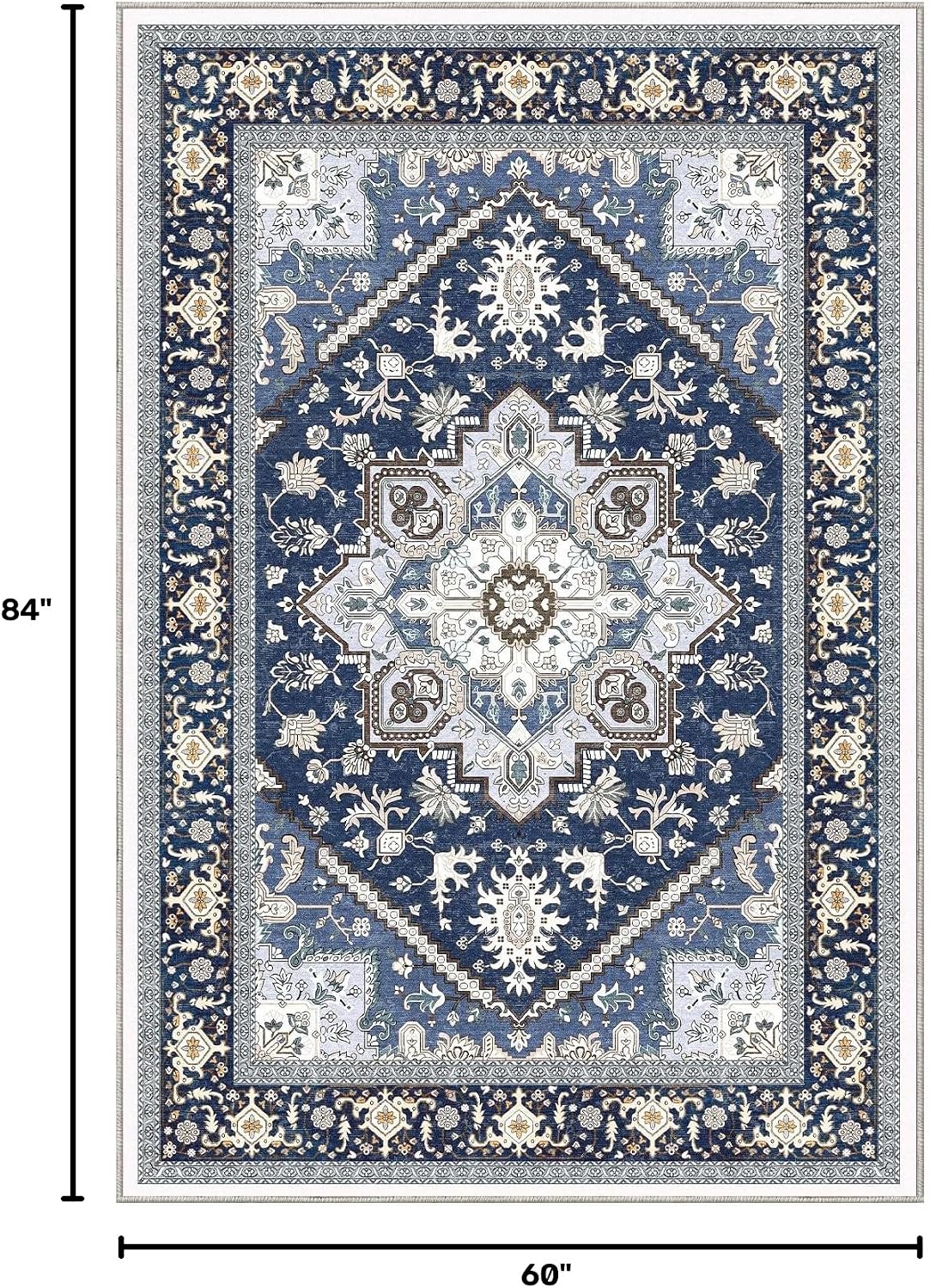 OPPODREAM Soft Area Rugs 5x7, Persian-Inspired Washable Rug, Blue & Gold | Low-Pile Faux Cashmere Surface, TPR Non-Slip Backing, 5 x 7 Carpet for Bedroom, Office, Dorm, Dining Room