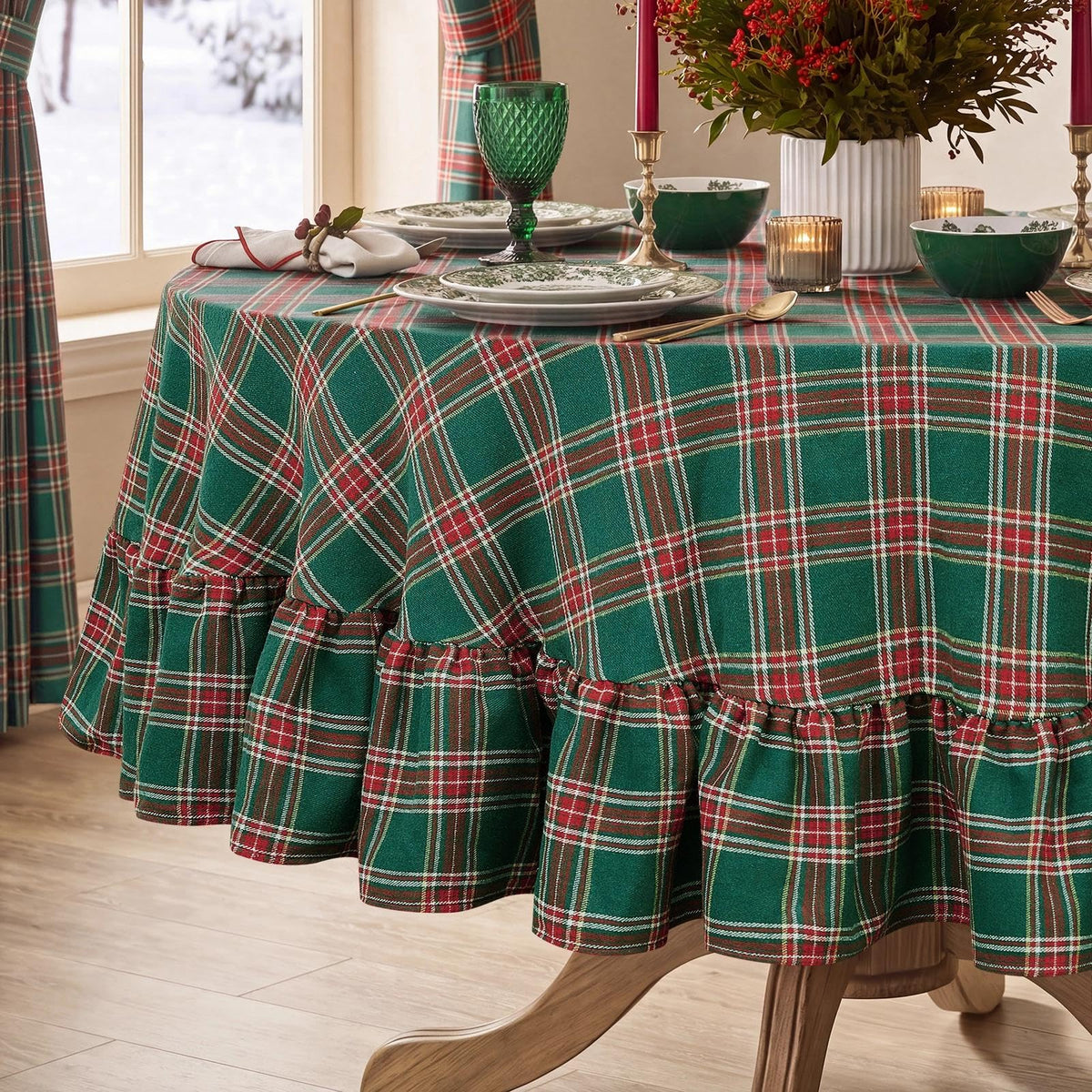Softalker Outdoor Checkered Tablecloth, Linen Cotton Gingham Table Cloths for 6 Foot Rectangle Tables with Tassel, Heavy Duty Wrinkle Free Plaid Table Cover for Picnic Camping - 55 x 84 Inch, Sage