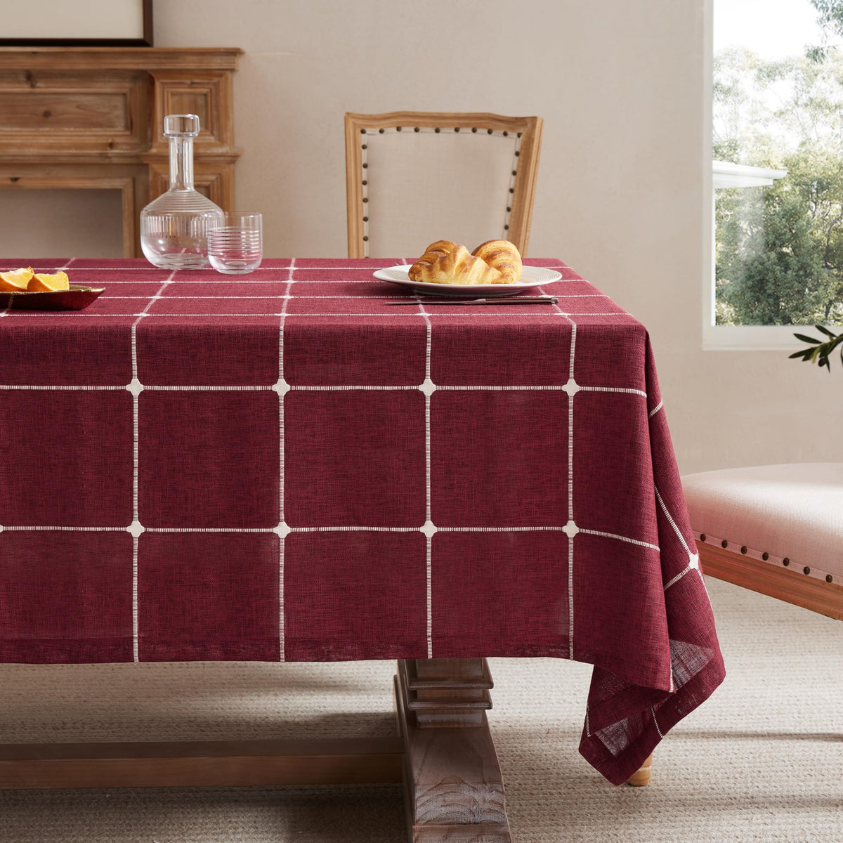 Grid Embroidered Rectangle Hemmed Tablecloths 60x120in, Blue | Heavy Weight Non-sheer Linen Fabric, Mitered Corner Finish, Water Resistant Farmhouse Table Cover, Boho Plaid Home Decor