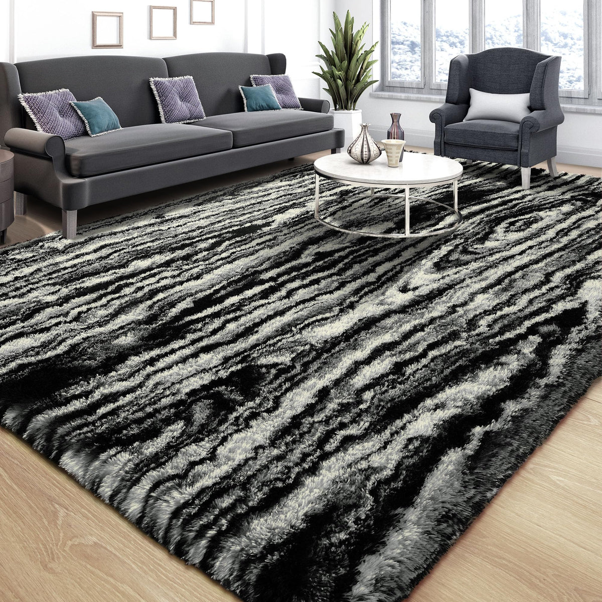 Area Rugs 9x12 for Living Room, Super Soft Fluffy Rugs for Bedroom | Modern Shaggy Rug Fuzzy Carpets for Kids, Plush Indoor Nursery Home Decor Rug with Non-Slip Bottom, Black