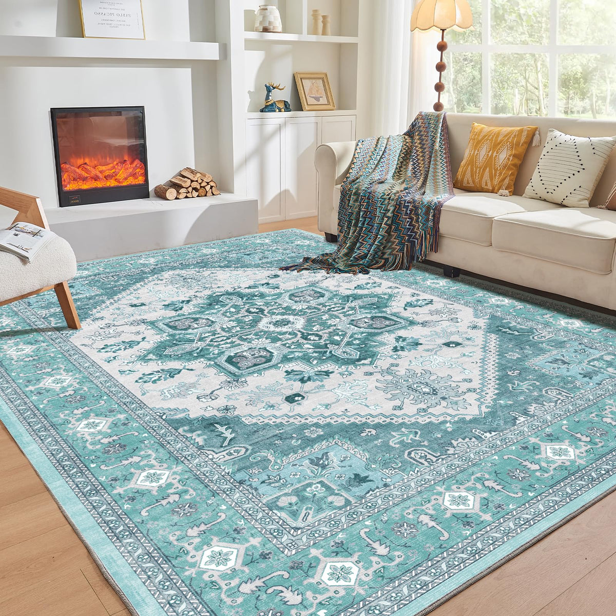 OPPODREAM Soft Area Rugs 5x7, Persian-Inspired Washable Rug, Blue & Gold | Low-Pile Faux Cashmere Surface, TPR Non-Slip Backing, 5 x 7 Carpet for Bedroom, Office, Dorm, Dining Room
