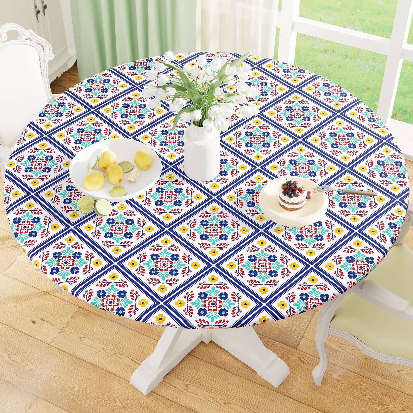 Round Fitted Tablecloth with Elastic Edge, 100% Waterproof Oil Proof Plastic Table Cover, Vinyl Flannel Backed Tablecloth Fits 36"-44" Round Tables for Dinner, Outdoor, Picnic, Oak Wooden Grain