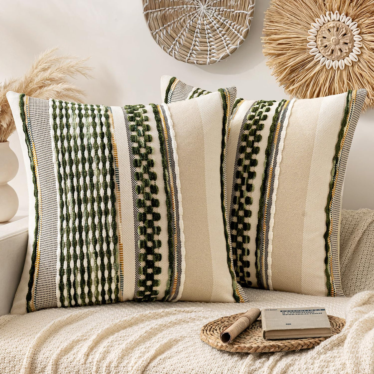 ANRODUO Boho Decorative Pillow Covers Olive Green Stripe 18x18 Pack of 2 | Throw Pillow Covers, Farmhouse Cushion Case, Chenille Pillow Cases, Pillow Covers, Accent Neutral Pillowcase for Couch Bed