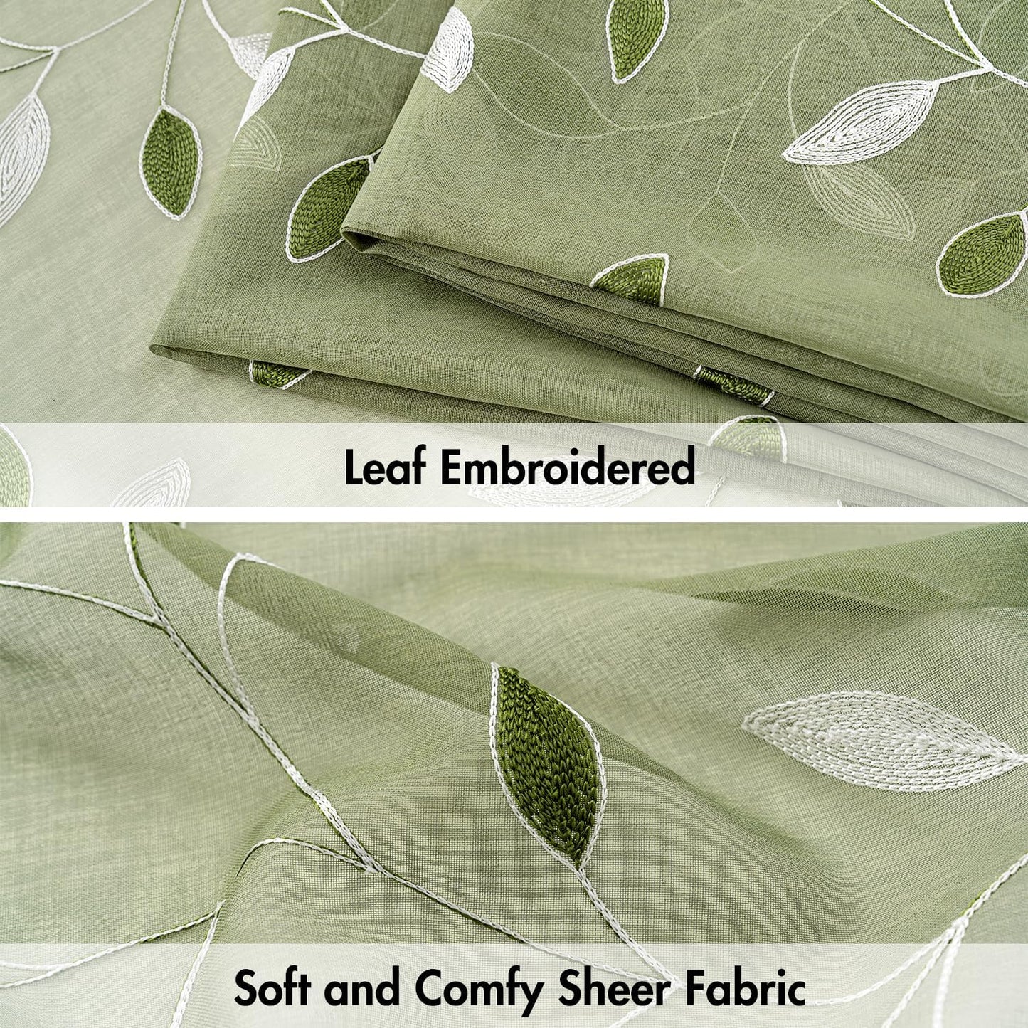 MIULEE Sage Green Sheer Curtains 2 Panels Leaf Patterned, W52 x L84 | Embroidered Floral Semi Sheer,Rod Pocket,Faux Linen,Short Window Curtains Drapes Set for Kitchen/Bathroom/Cafe