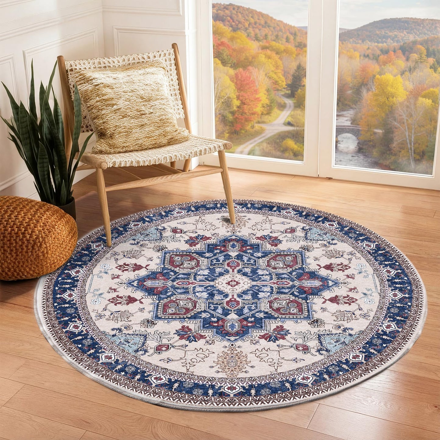 OPPODREAM Soft Area Rugs 5x7, Persian-Inspired Washable Rug, Blue & Gold | Low-Pile Faux Cashmere Surface, TPR Non-Slip Backing, 5 x 7 Carpet for Bedroom, Office, Dorm, Dining Room