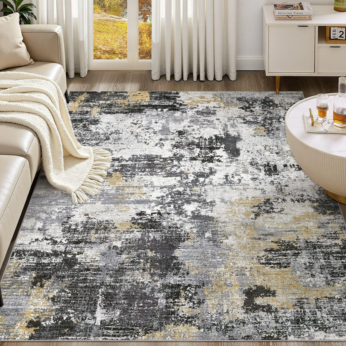 UERMEI 9x12 Area Rug Living Room Rugs - Washable Neutral Modern Abstract Soft Thin Large Rug Indoor Floor No Slip Rug Carpet for Bedroom Under Dining Table Home Office Decor - Brown Grey
