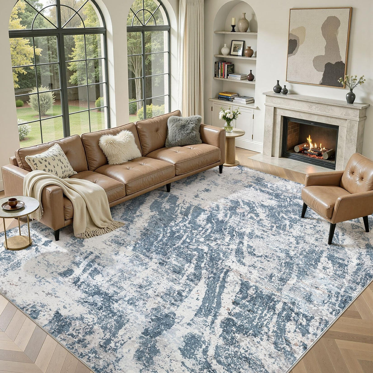 DMOYEST 8x10 Area Rug for Living Room Washable Abstract Indoor Carpet | Neutral Modern Low Pile Rugs Kid & Pet Friendly Large Soft Thin Carpet for Bedroom Dining Room - Grey Blue