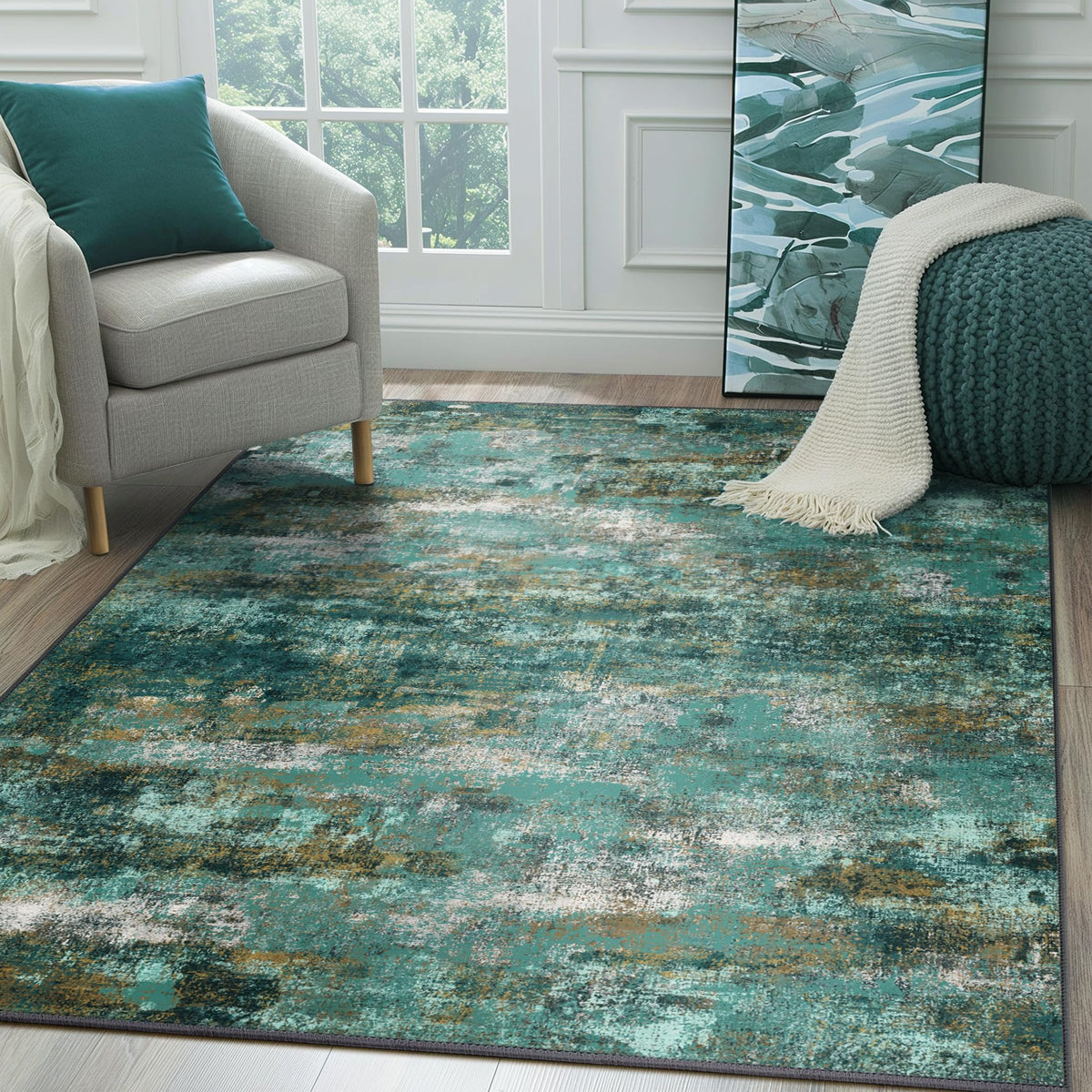 BEIMO 5x7 Green Abstract Area Rug, Washable Non-Slip for Bedroom | Soft Low-Pile Carpet, Lightweight and Easy to Vacuum, Sage Living Rooms, Dining Rooms, Bedrooms, and Home Offices
