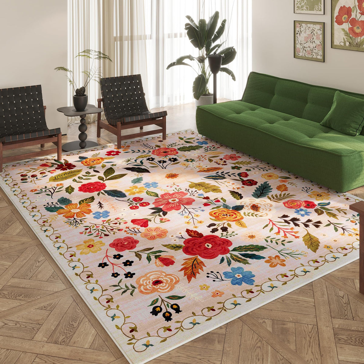 Rugcomf Living Room Rug 5x7 Rug Machine Washable Boho Area Rug Non Slip Floral Vintage Low Pile Large Rugs for Living Room, Bedroom, Farmhouse, Dining Room, Kids Playroom(Black)