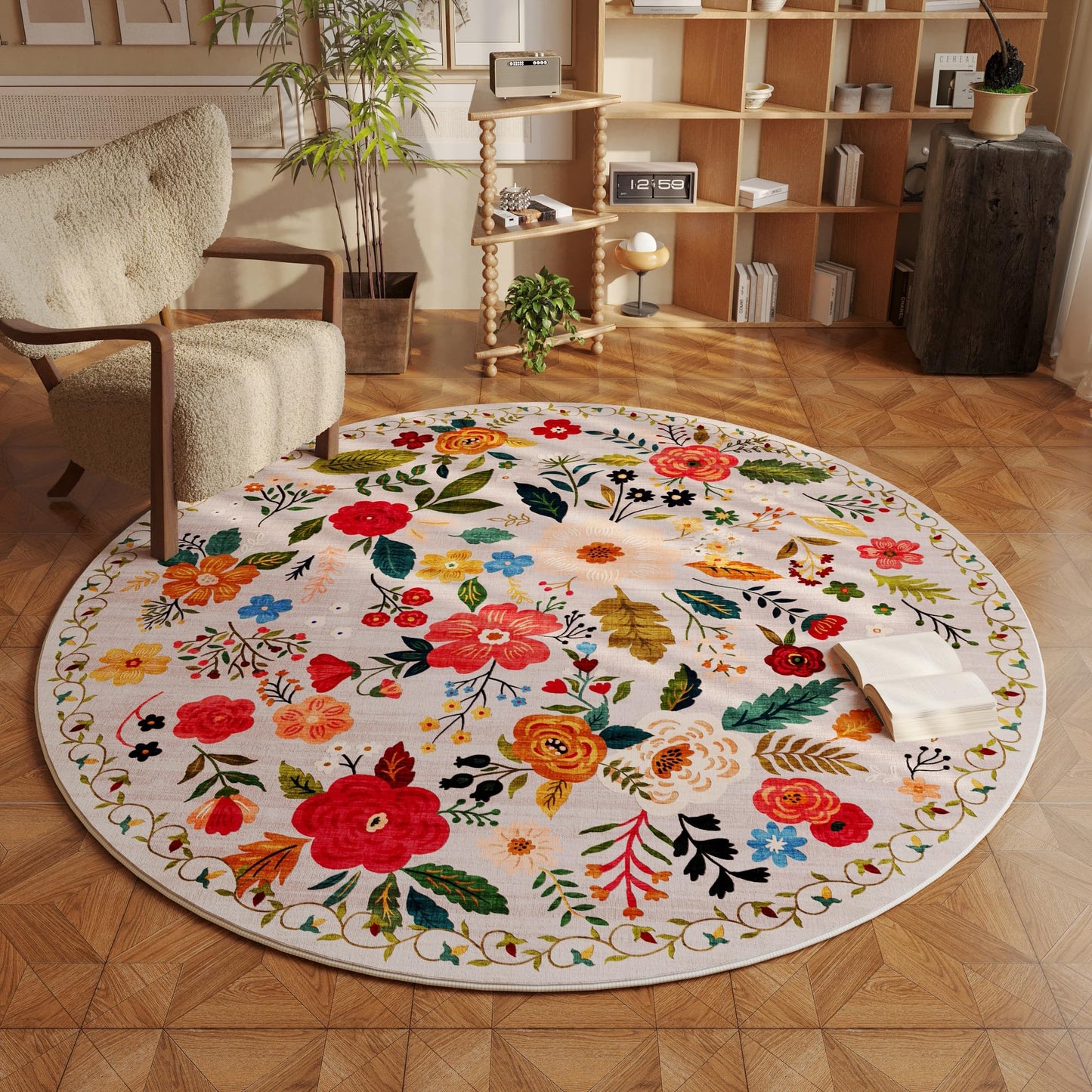 Rugcomf Living Room Rug 5x7 Rug Machine Washable Boho Area Rug Non Slip Floral Vintage Low Pile Large Rugs for Living Room, Bedroom, Farmhouse, Dining Room, Kids Playroom(Black)