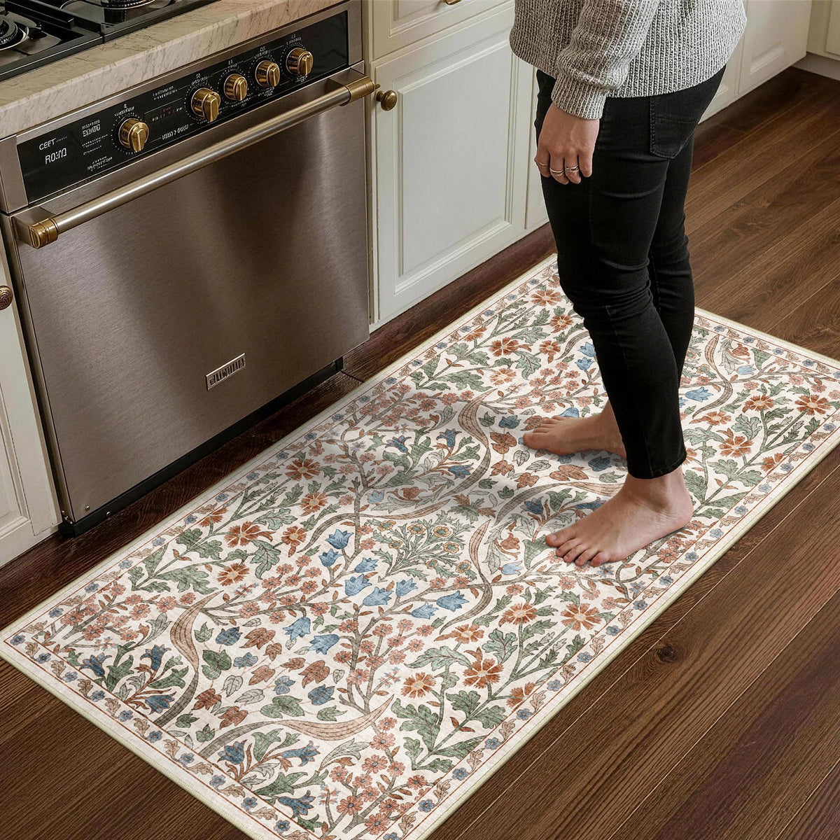 5x7 Washable Area Rug Green Boho Floral for Living Room Bedroom Nursery | Carpet for Dining Room, Soft Low-Pile Non-Slip Faux Wool, Farmhouse Indoor, Kid & Pet Friendly, Stain, Fade & Wear Resistant