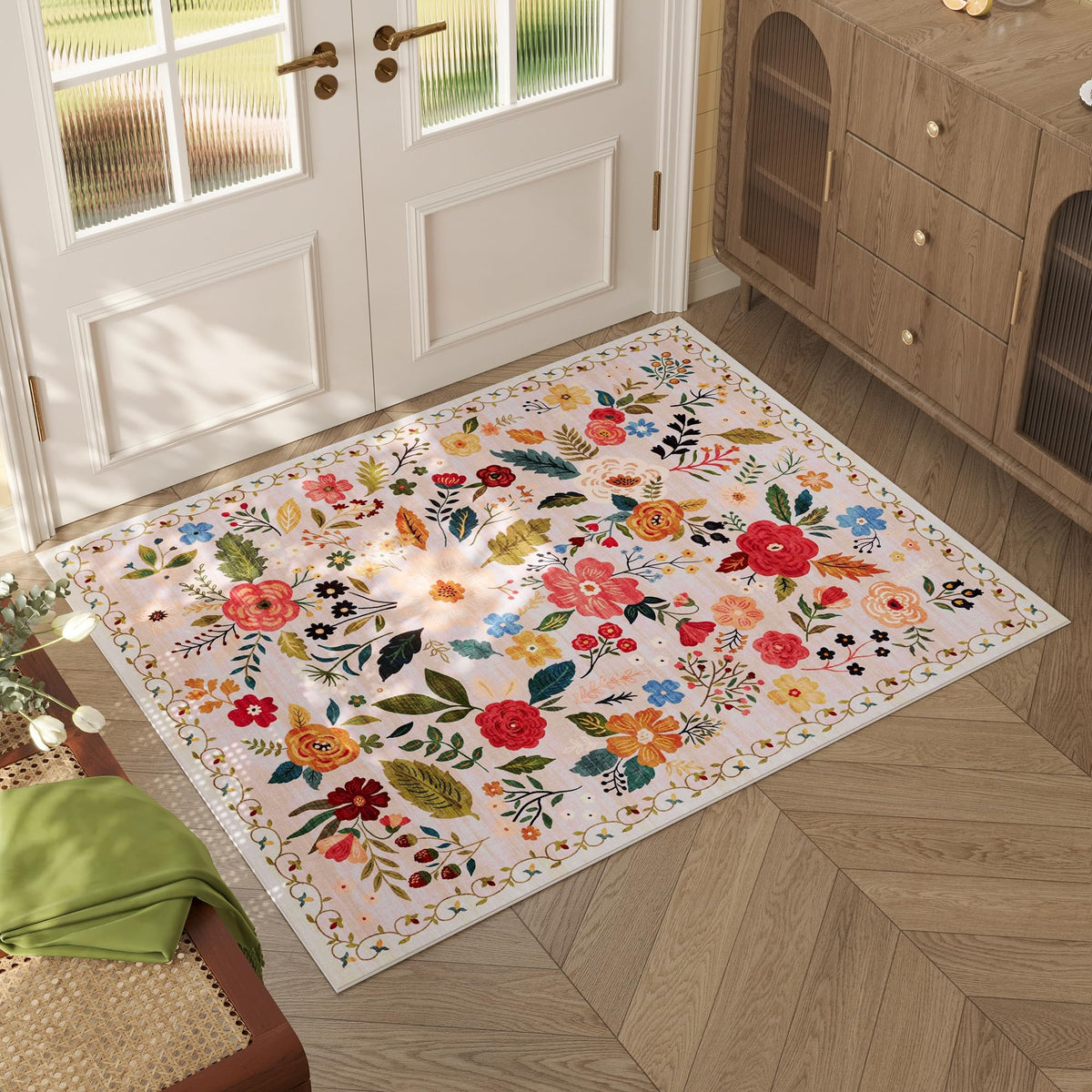 Rugcomf Living Room Rug 5x7 Rug Machine Washable Boho Area Rug Non Slip Floral Vintage Low Pile Large Rugs for Living Room, Bedroom, Farmhouse, Dining Room, Kids Playroom(Black)