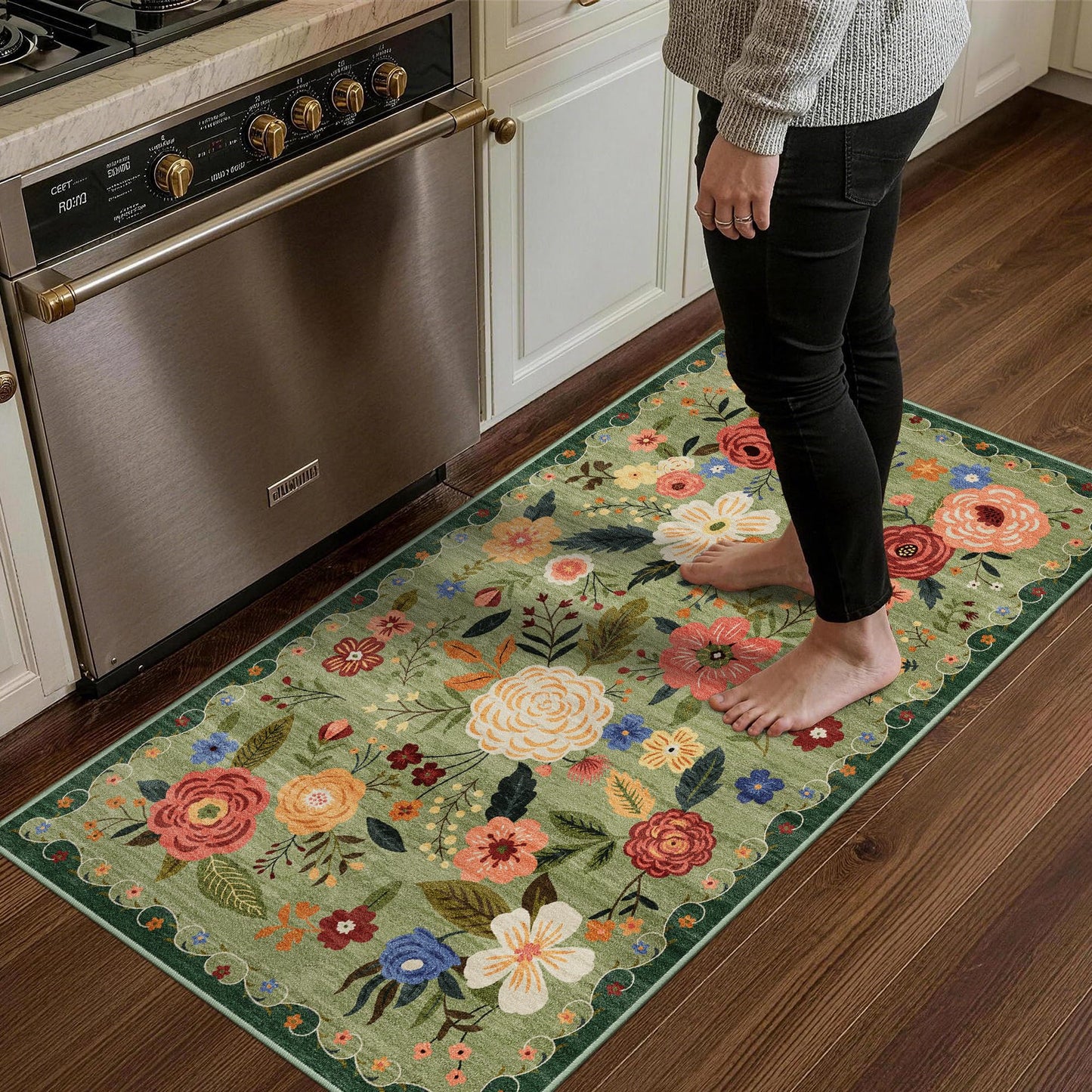5x7 Washable Area Rug Green Boho Floral for Living Room Bedroom Nursery | Carpet for Dining Room, Soft Low-Pile Non-Slip Faux Wool, Farmhouse Indoor, Kid & Pet Friendly, Stain, Fade & Wear Resistant