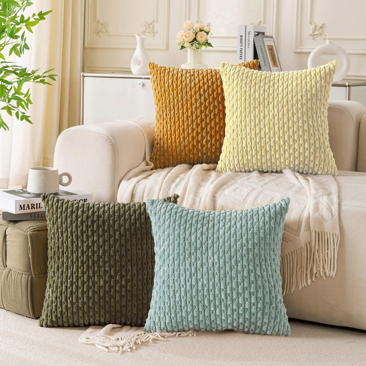 Set of 4 Neutral Decorative Throw Pillow Covers 18x18 Inch Corduroy Pillow Covers for Bed Couch Sofa Living Room Soft Square Cushion Cases