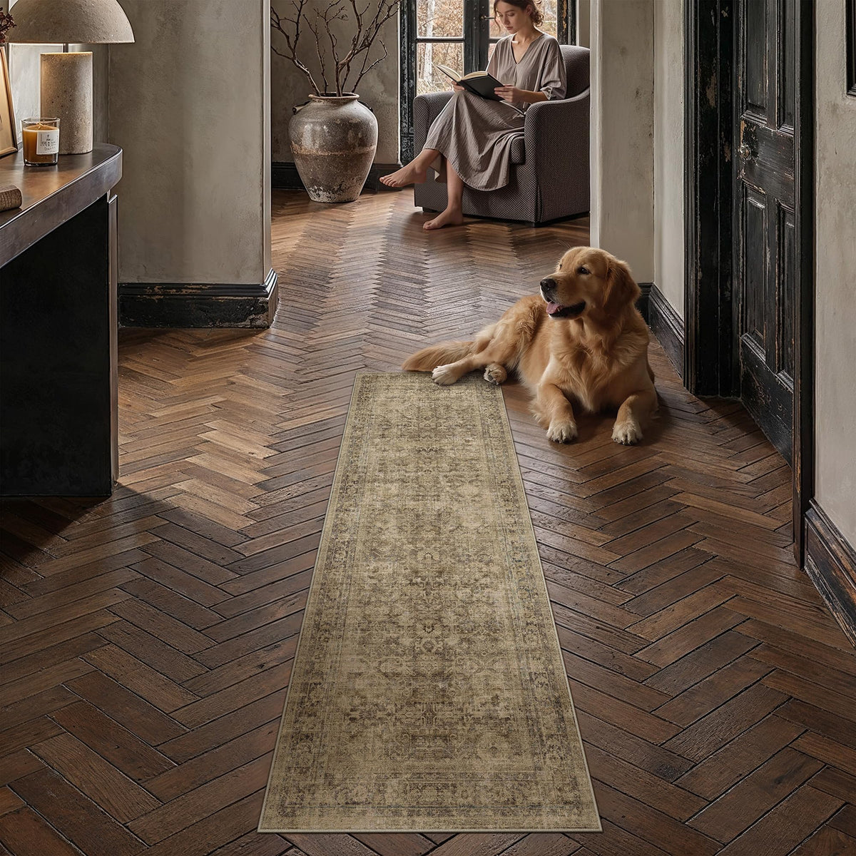 8x10 Area Rug Brown Vintage Distressed Carpet | Washable, Non Slip, Soft Low Pile, Indoor Retro Rugs for Large Living Room, Dining Room, Bedroom