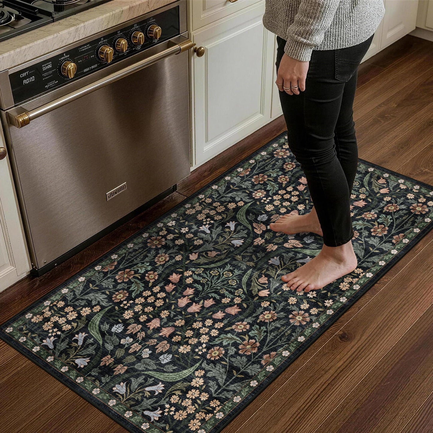 5x7 Washable Area Rug Green Boho Floral for Living Room Bedroom Nursery | Carpet for Dining Room, Soft Low-Pile Non-Slip Faux Wool, Farmhouse Indoor, Kid & Pet Friendly, Stain, Fade & Wear Resistant