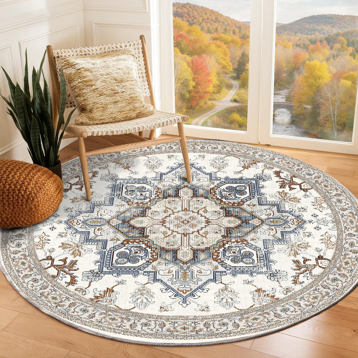 OPPODREAM Soft Area Rugs 5x7, Persian-Inspired Washable Rug, Blue & Gold | Low-Pile Faux Cashmere Surface, TPR Non-Slip Backing, 5 x 7 Carpet for Bedroom, Office, Dorm, Dining Room