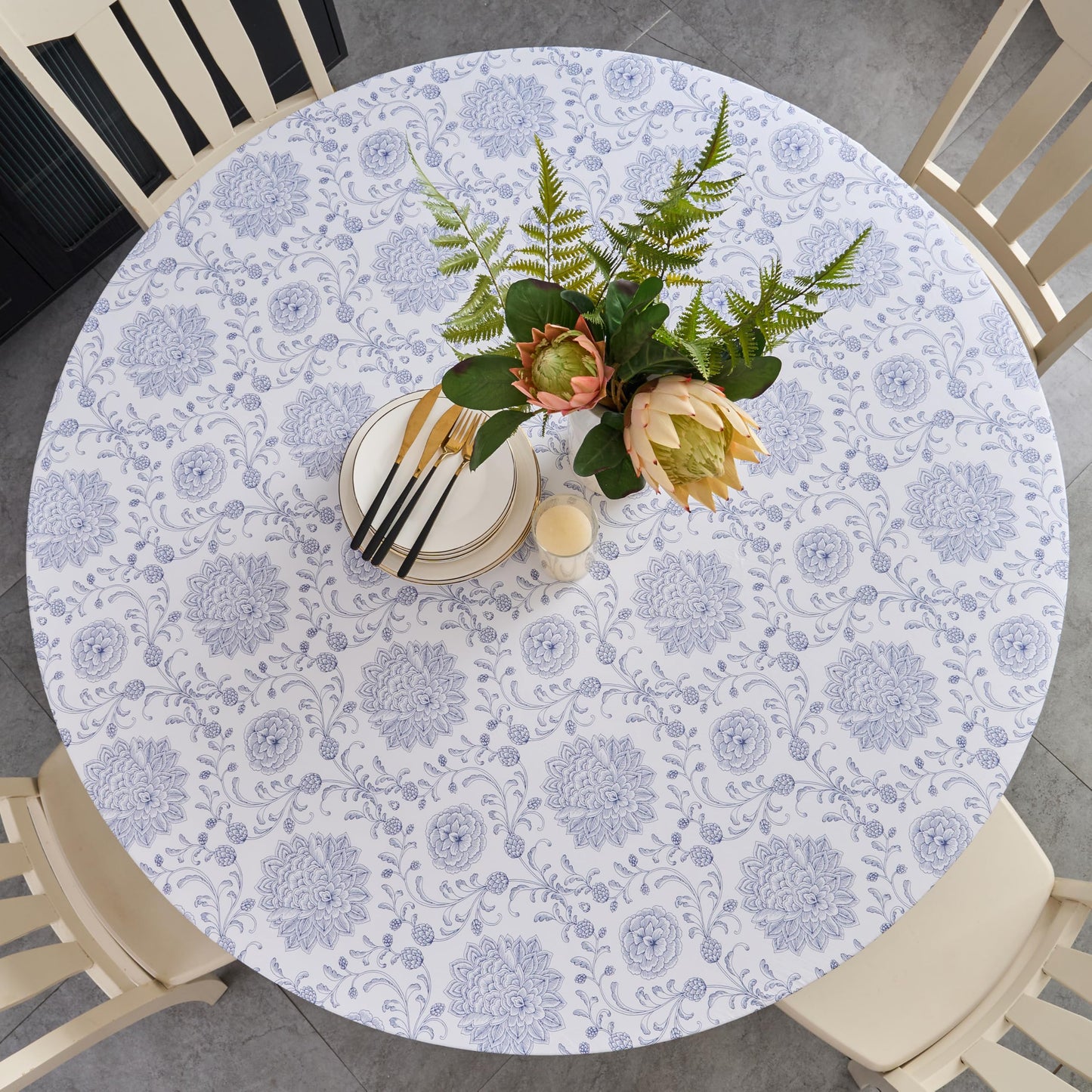 Pioggia Round Vinyl Fitted Tablecloth with Flannel Backing Elastic Table Cloth Waterproof Oil-Proof Plastic Table Cover Best for 45"-56" Round
