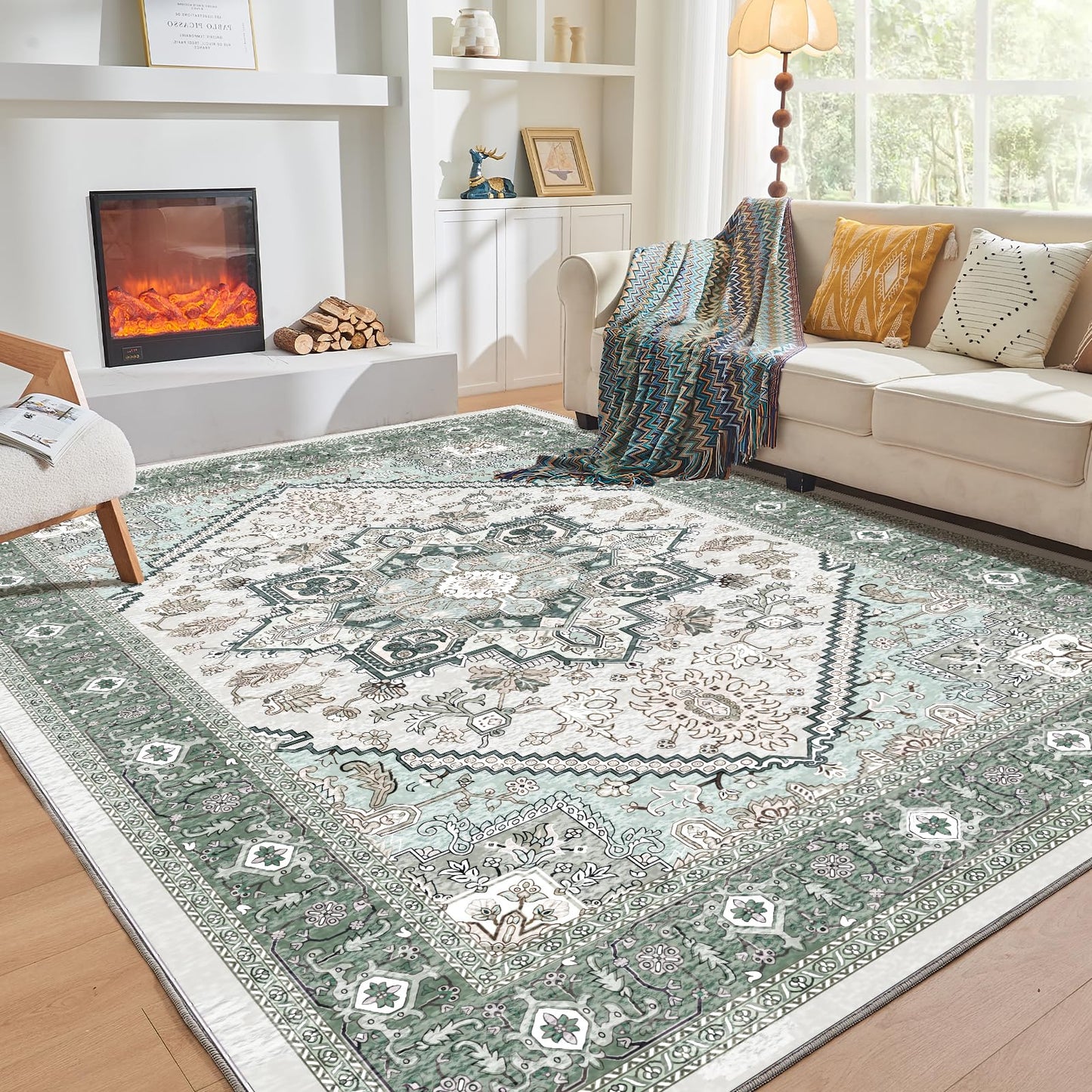 OPPODREAM Soft Area Rugs 5x7, Persian-Inspired Washable Rug, Blue & Gold | Low-Pile Faux Cashmere Surface, TPR Non-Slip Backing, 5 x 7 Carpet for Bedroom, Office, Dorm, Dining Room