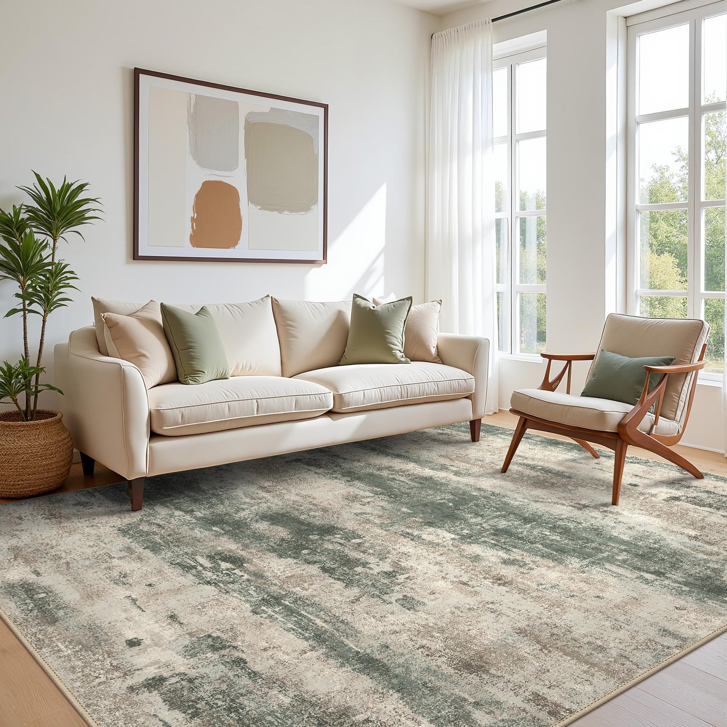 BEIMO 5x7 Green Abstract Area Rug, Washable Non-Slip for Bedroom | Soft Low-Pile Carpet, Lightweight and Easy to Vacuum, Sage Living Rooms, Dining Rooms, Bedrooms, and Home Offices