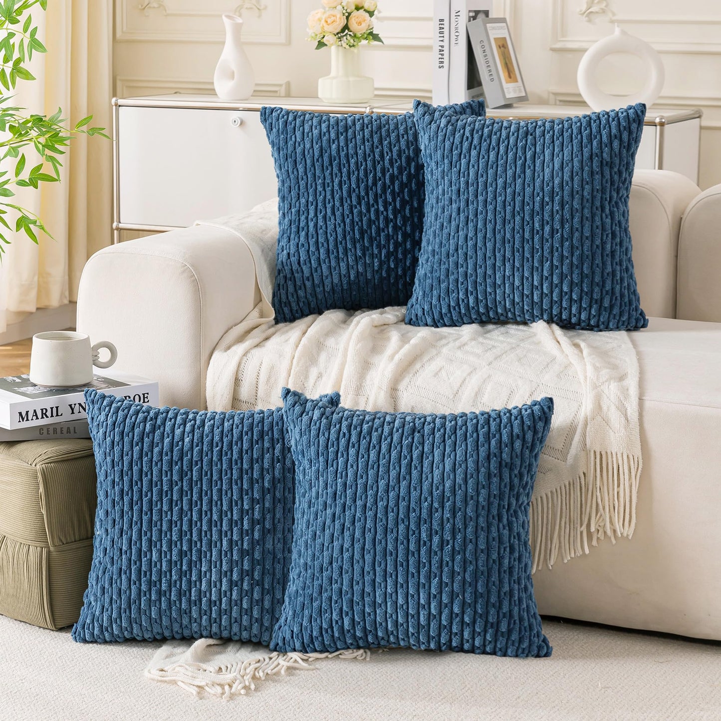 Set of 4 Neutral Decorative Throw Pillow Covers 18x18 Inch Corduroy Pillow Covers for Bed Couch Sofa Living Room Soft Square Cushion Cases