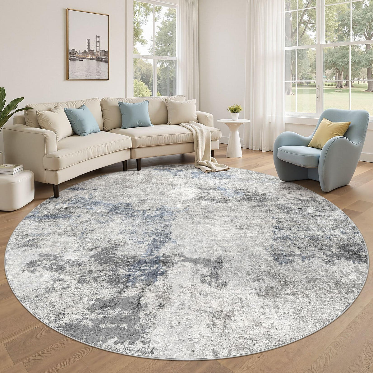DMOYEST 8x10 Area Rug for Living Room Washable Abstract Indoor Carpet | Neutral Modern Low Pile Rugs Kid & Pet Friendly Large Soft Thin Carpet for Bedroom Dining Room - Grey Blue