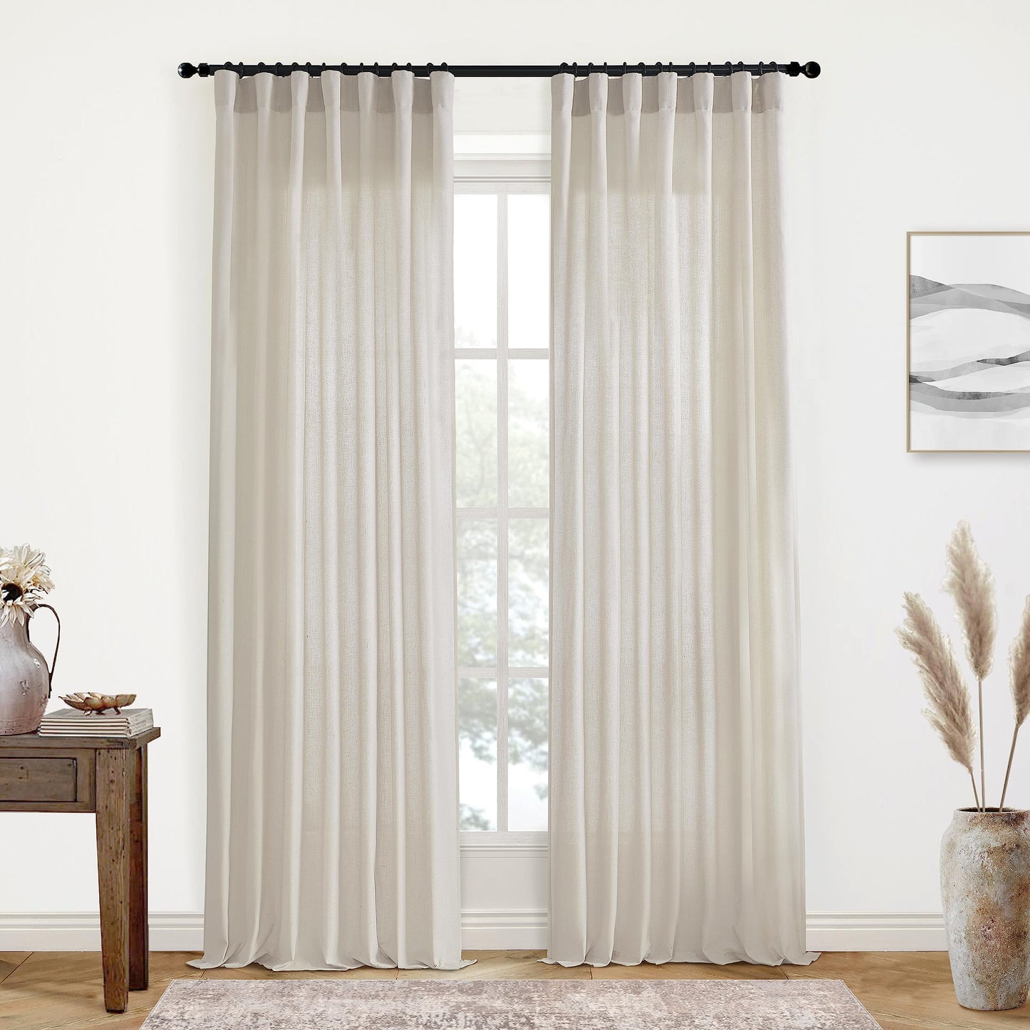 Linen Cotton Curtains for Living Room, Cream Off White Natural Fabric Light Filtering Semi Sheer Curtains 84 Inches Long, Ivory Pleated Farmhouse Curtain Drapes 84 Inch Length 2 Panels Set Dining Room