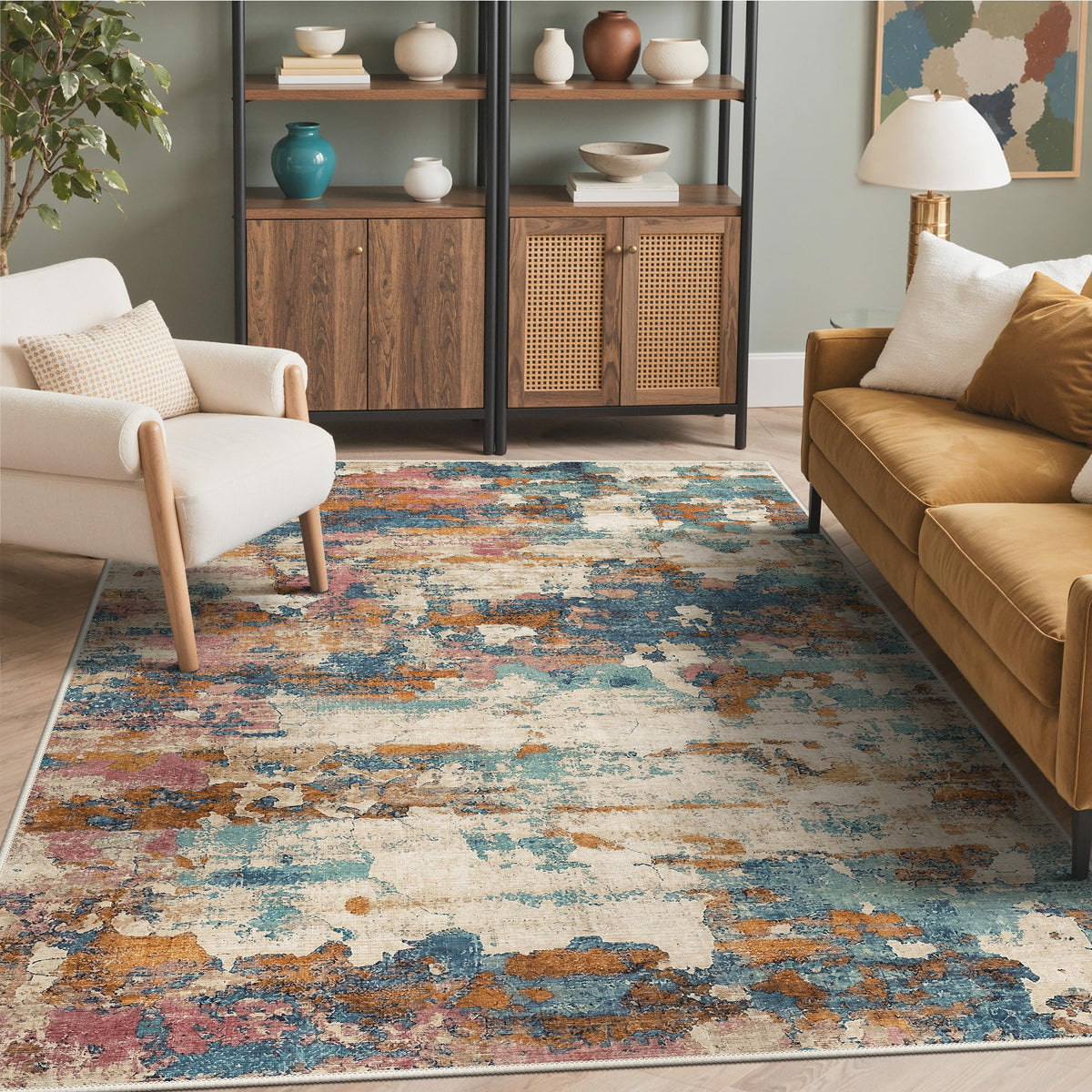 BEIMO 5x7 Green Abstract Area Rug, Washable Non-Slip for Bedroom | Soft Low-Pile Carpet, Lightweight and Easy to Vacuum, Sage Living Rooms, Dining Rooms, Bedrooms, and Home Offices
