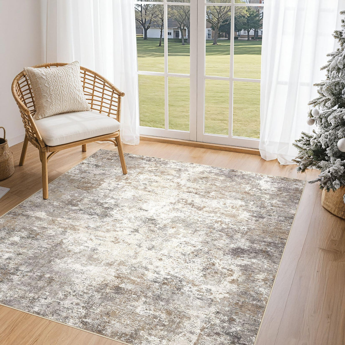 UERMEI 9x12 Area Rug Living Room Rugs - Washable Neutral Modern Abstract Soft Thin Large Rug Indoor Floor No Slip Rug Carpet for Bedroom Under Dining Table Home Office Decor - Brown Grey