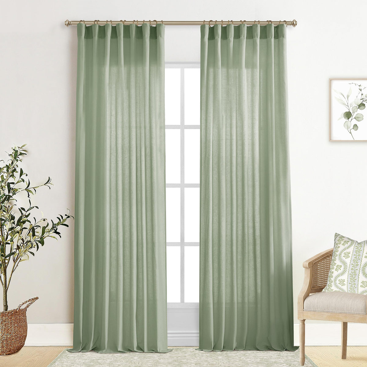 Linen Cotton Curtains for Living Room, Cream Off White Natural Fabric Light Filtering Semi Sheer Curtains 84 Inches Long, Ivory Pleated Farmhouse Curtain Drapes 84 Inch Length 2 Panels Set Dining Room